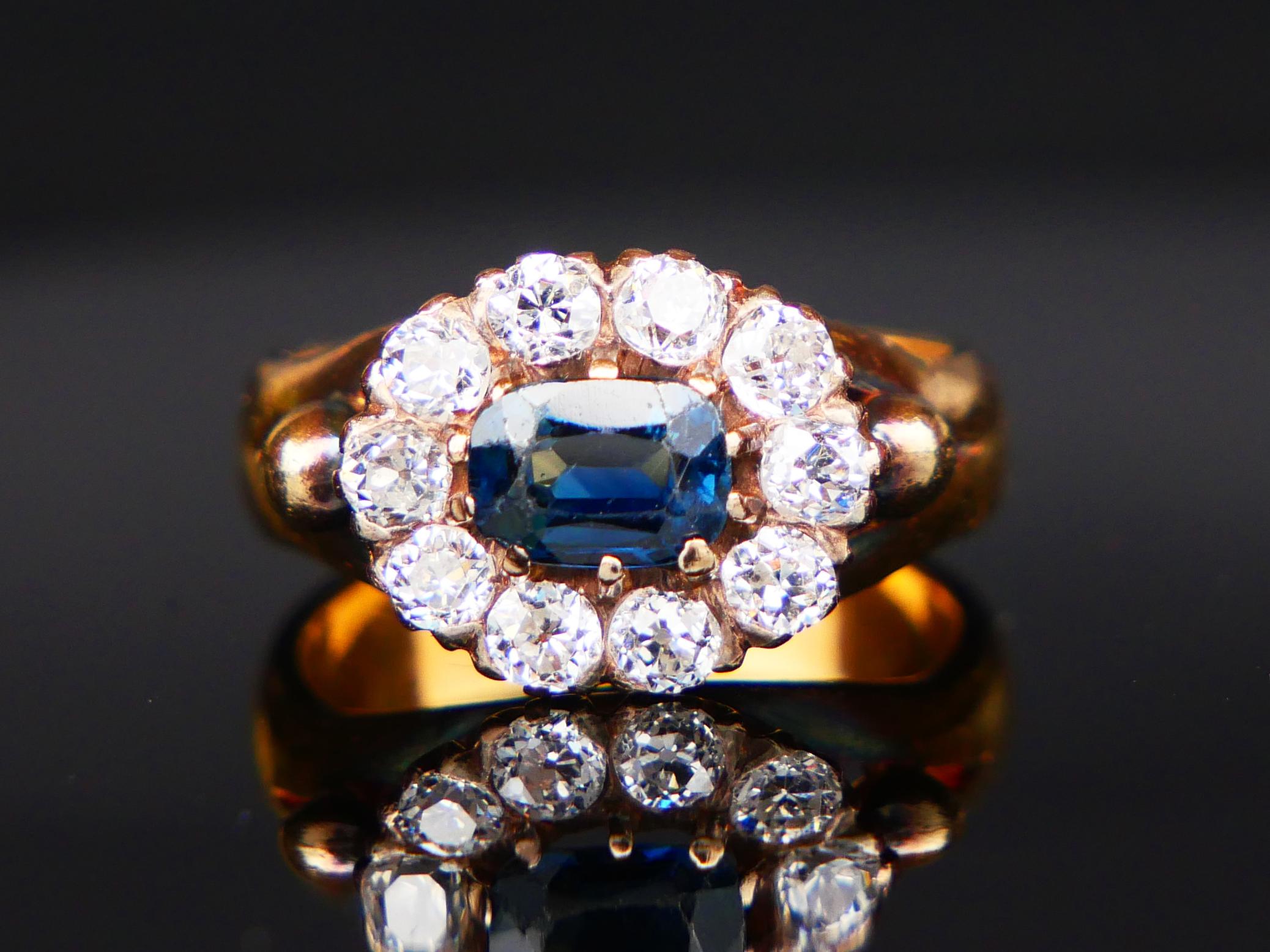 Antique Danish Halo Ring 1 ct Sapphire 1.5ctw Diamonds 18K Gold Ø5.25/7gr For Sale 5