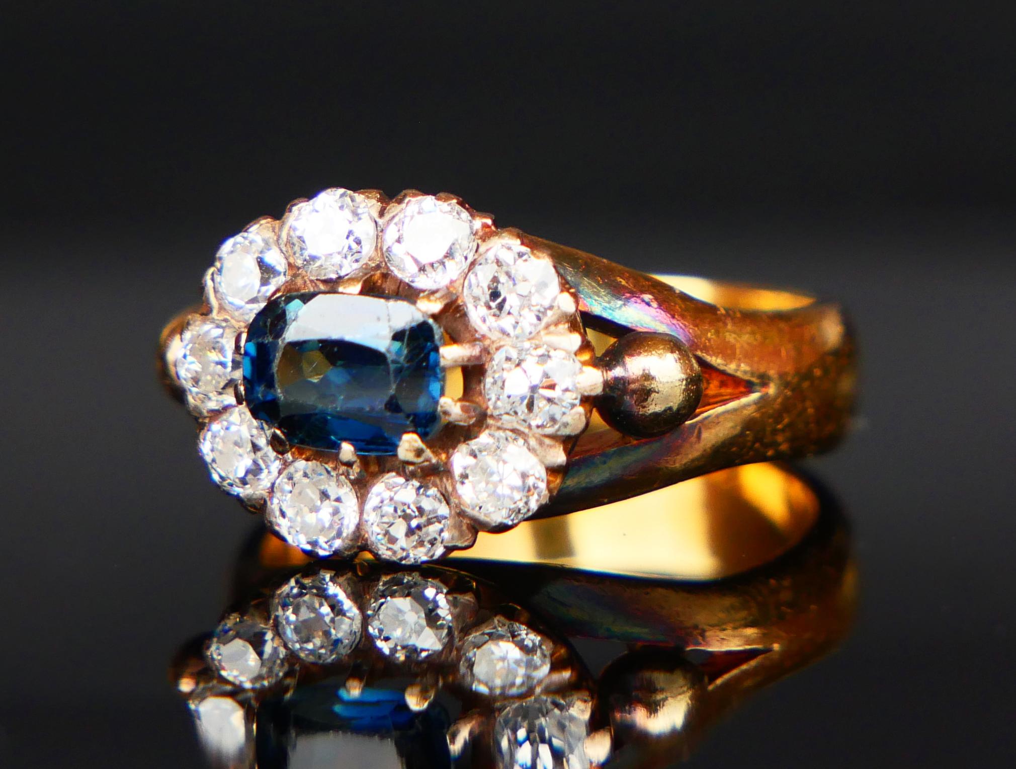 Antique Danish Halo Ring 1 ct Sapphire 1.5ctw Diamonds 18K Gold Ø5.25/7gr For Sale 6