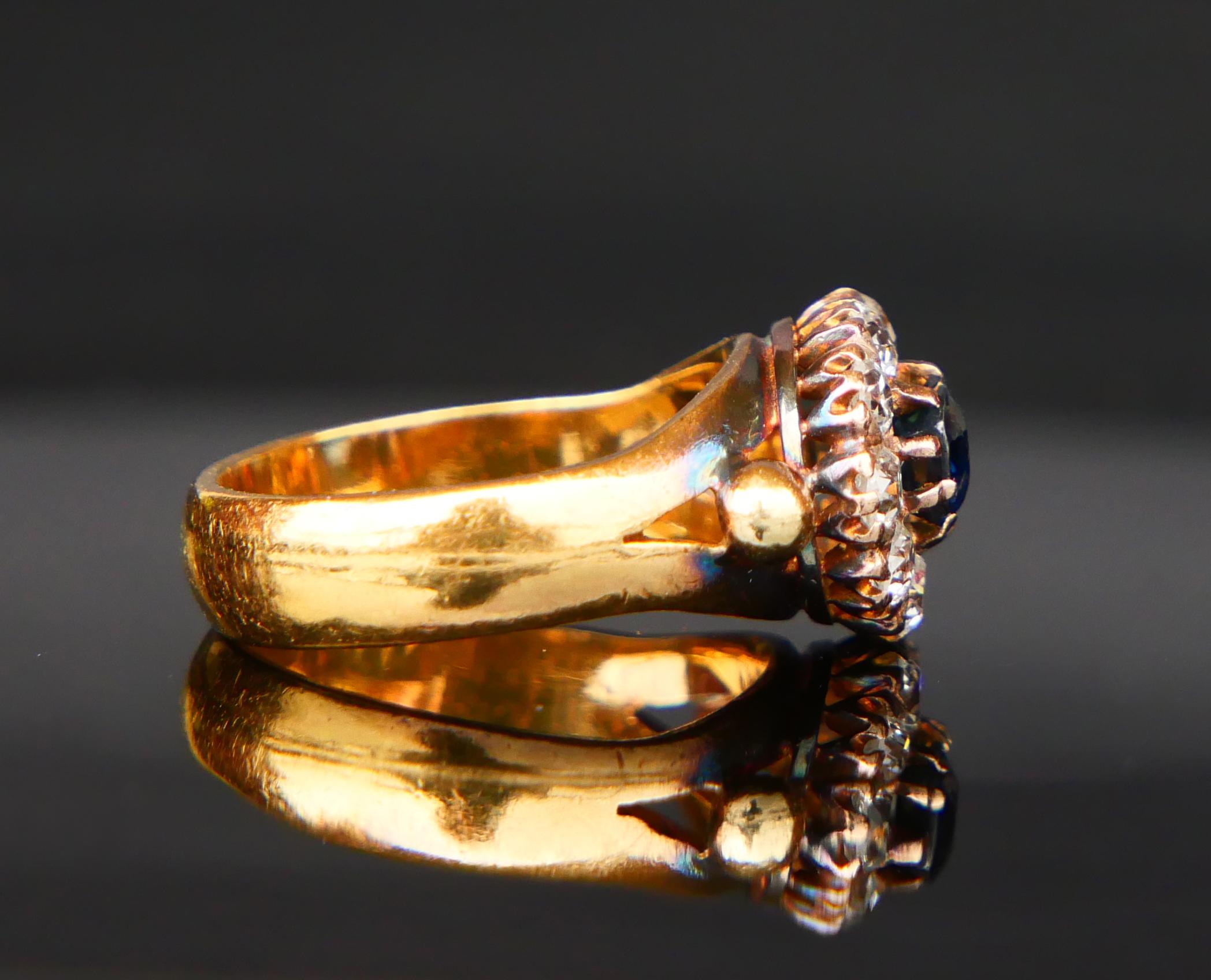 Antique Danish Halo Ring 1 ct Sapphire 1.5ctw Diamonds 18K Gold Ø5.25/7gr For Sale 7