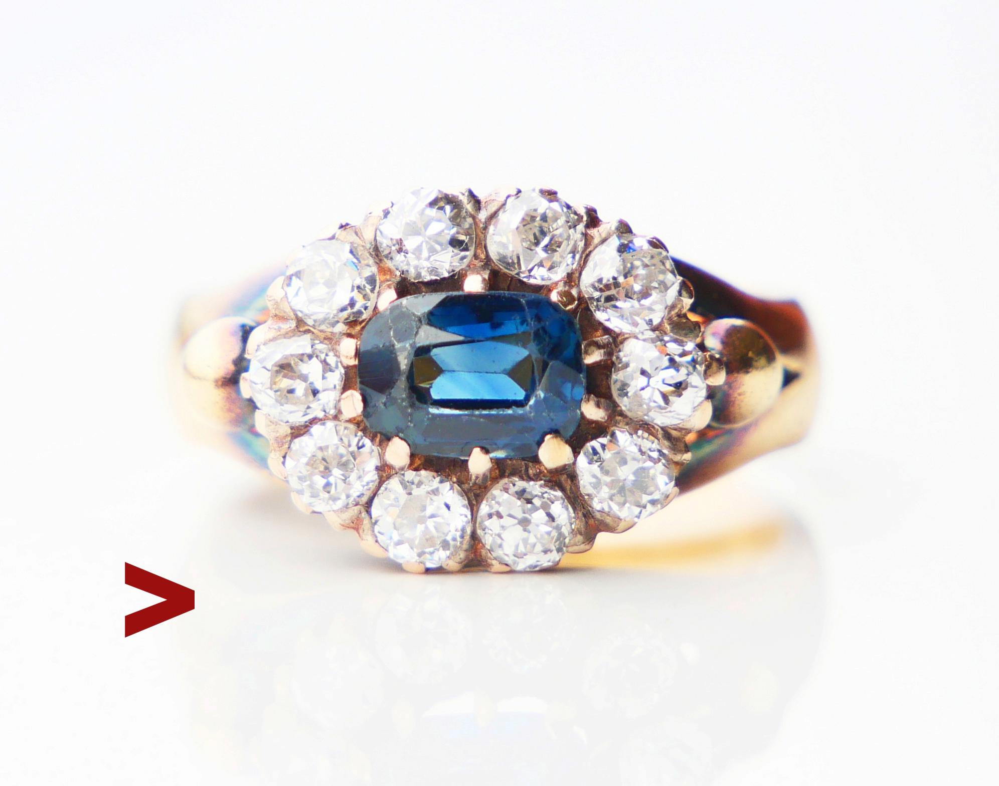 Beautiful old Halo Ring, band, and crown in solid 18K Gold featuring natural Blue Sapphire and 10 old European cut Diamonds.

This ring originates from DK, hand-made ca. 1920s -1930s. Not hallmarked, metal tested 18K.

Crown measures  13mm x 11mm x