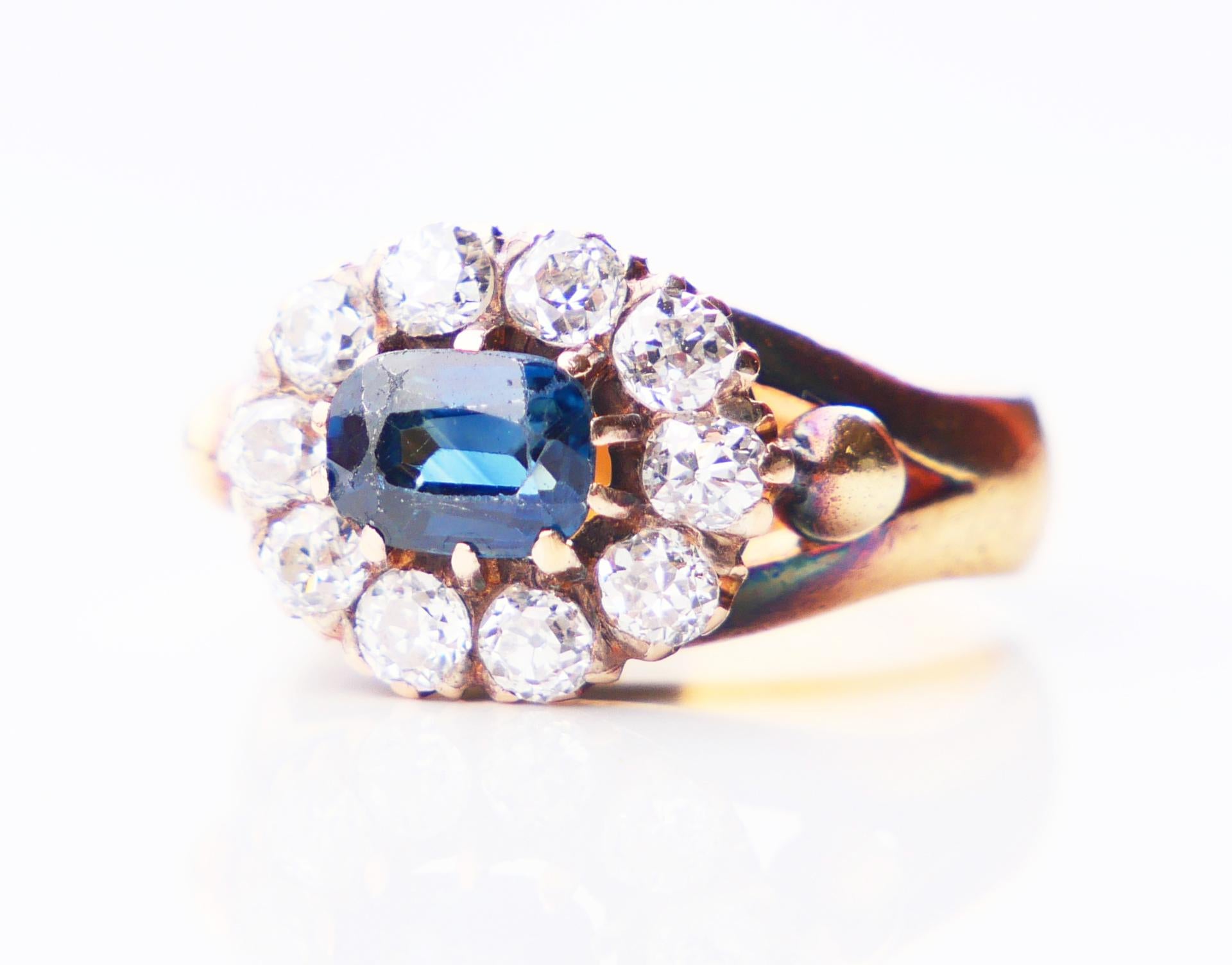 Art Deco Antique Danish Halo Ring 1 ct Sapphire 1.5ctw Diamonds 18K Gold Ø5.25/7gr For Sale