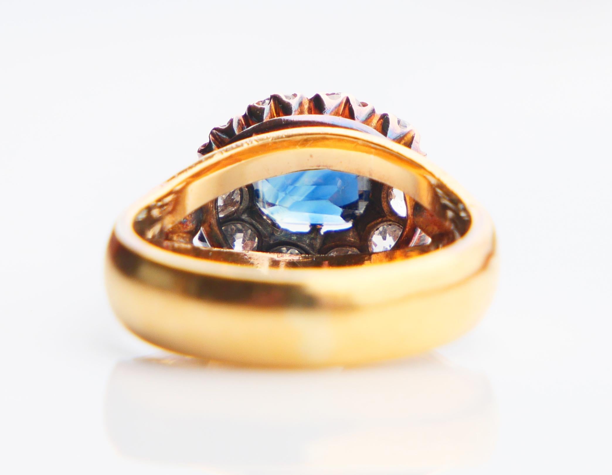 Old European Cut Antique Danish Halo Ring 1 ct Sapphire 1.5ctw Diamonds 18K Gold Ø5.25/7gr For Sale