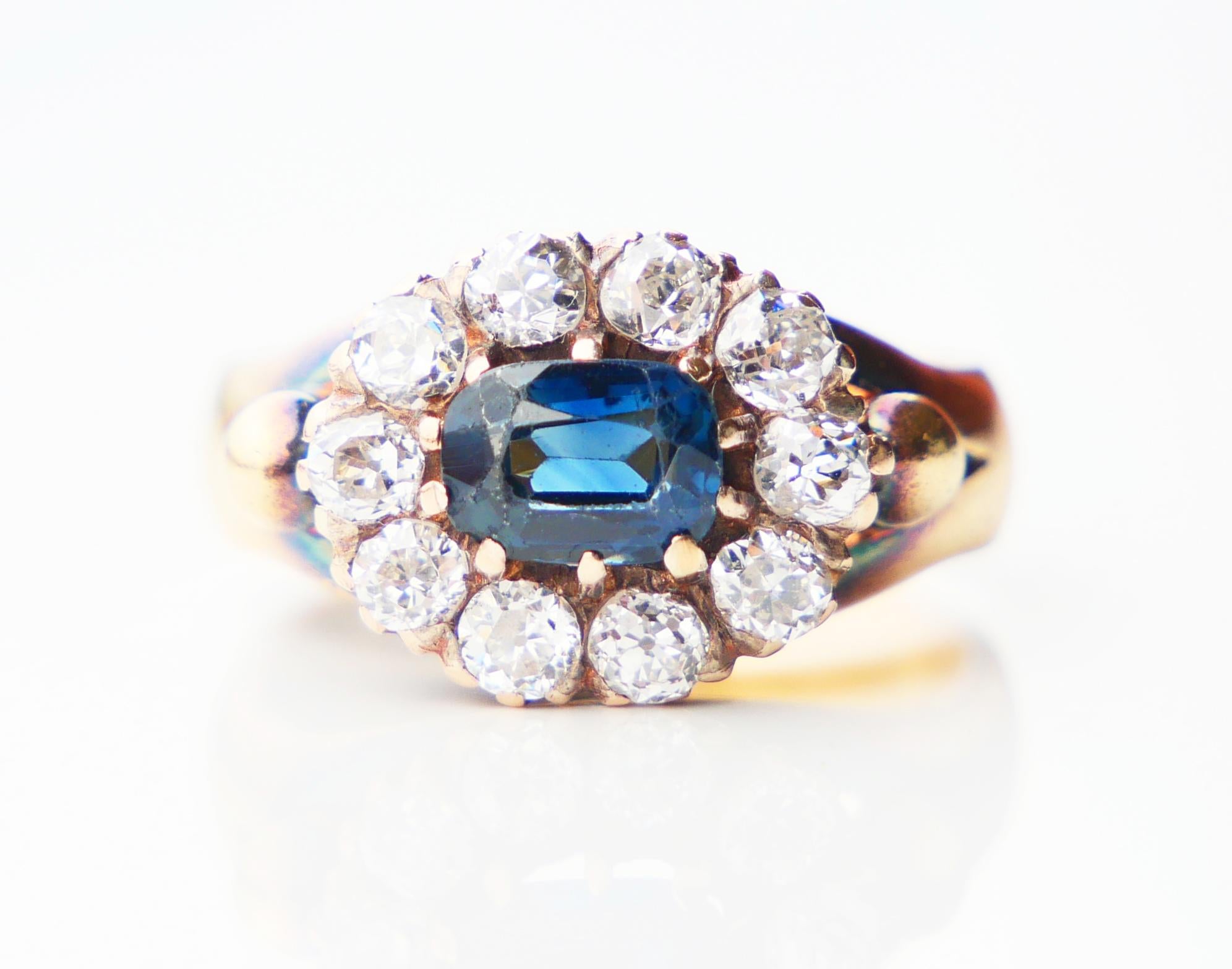 Antique Danish Halo Ring 1 ct Sapphire 1.5ctw Diamonds 18K Gold Ø5.25/7gr For Sale 1