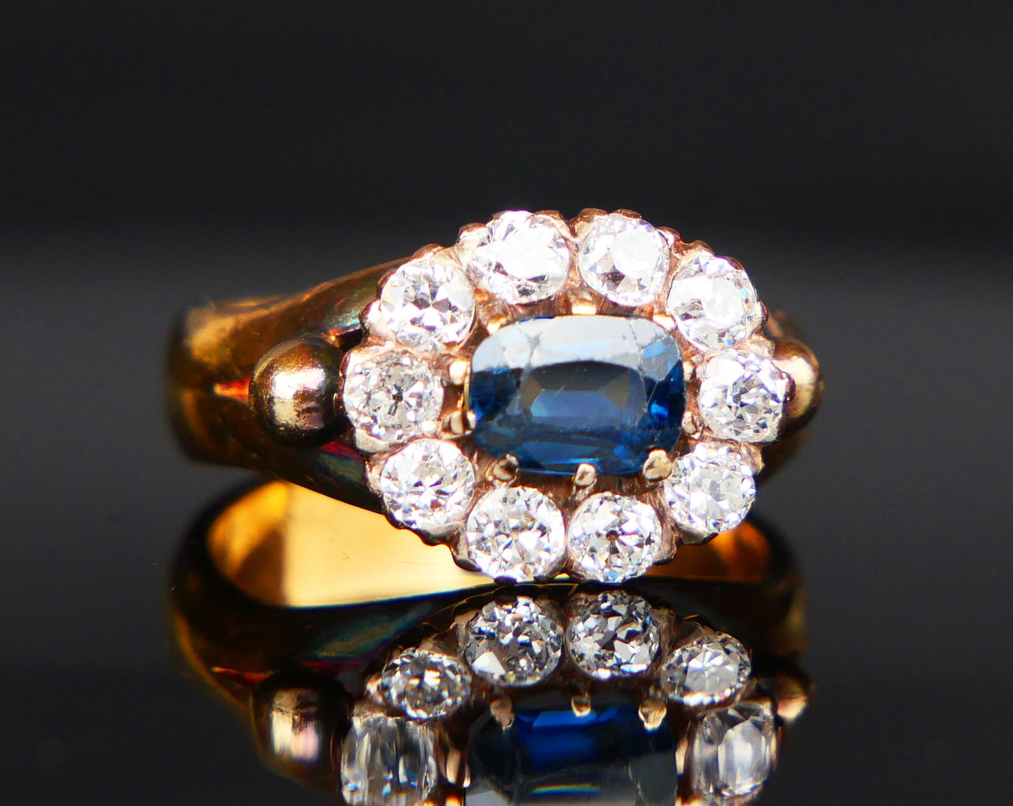 Antique Danish Halo Ring 1 ct Sapphire 1.5ctw Diamonds 18K Gold Ø5.25/7gr For Sale 4