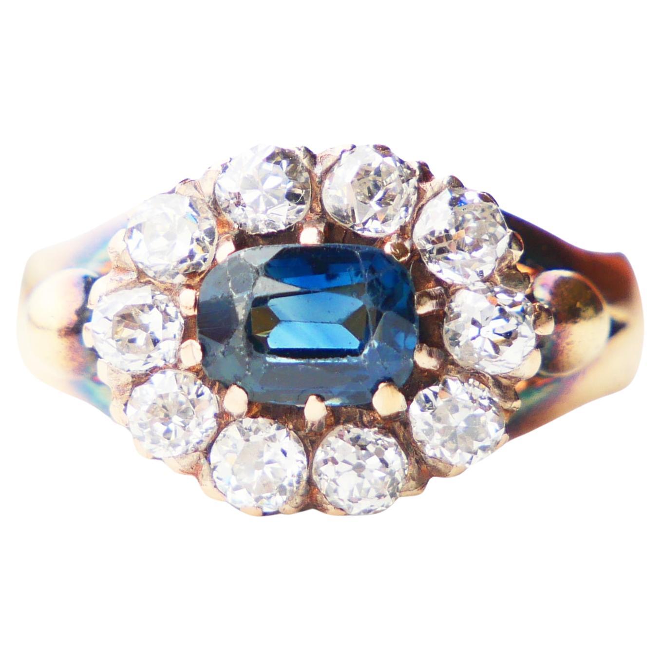 Antique Danish Halo Ring 1 ct Sapphire 1.5ctw Diamonds 18K Gold Ø5.25/7gr
