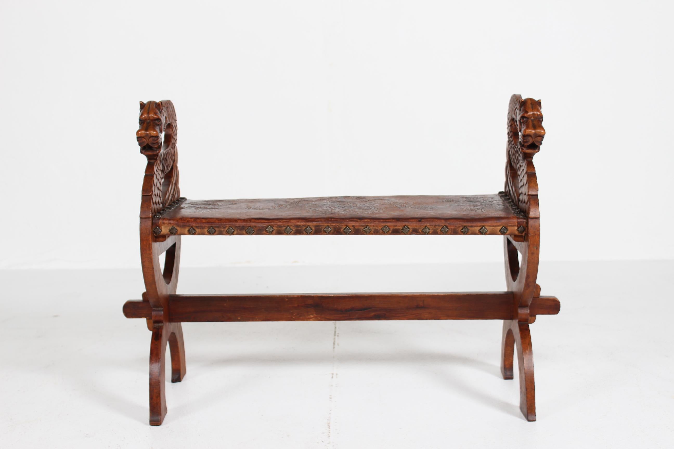 Antique Danish Hand Carved Piano Bench with Lion Heads and Original Leather Seat For Sale 9