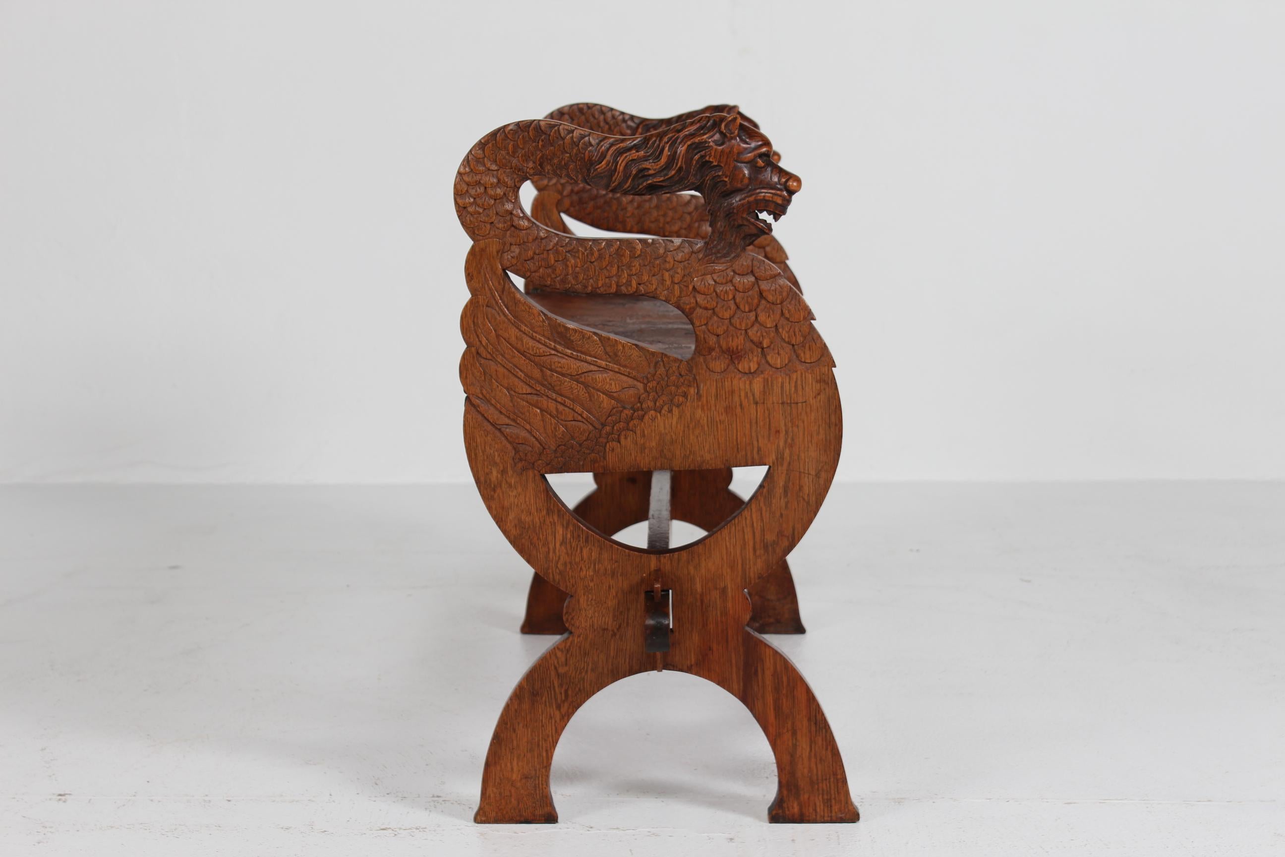 Antique Danish Hand Carved Piano Bench with Lion Heads and Original Leather Seat For Sale 11