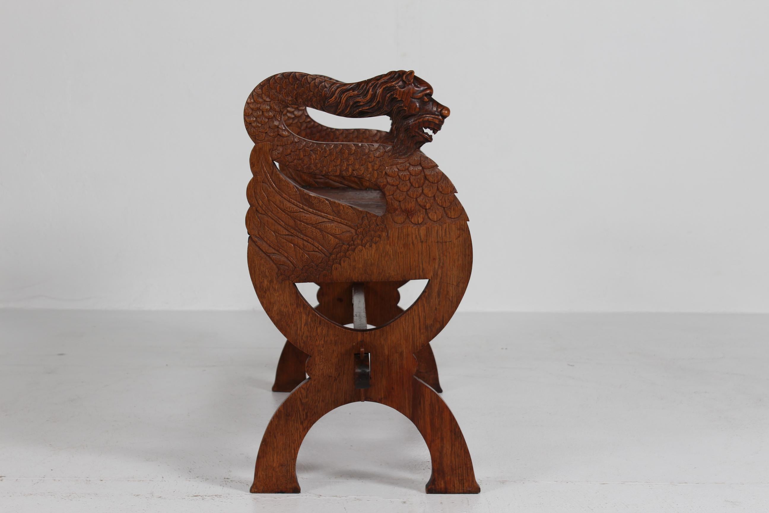 Antique Danish Hand Carved Piano Bench with Lion Heads and Original Leather Seat For Sale 12