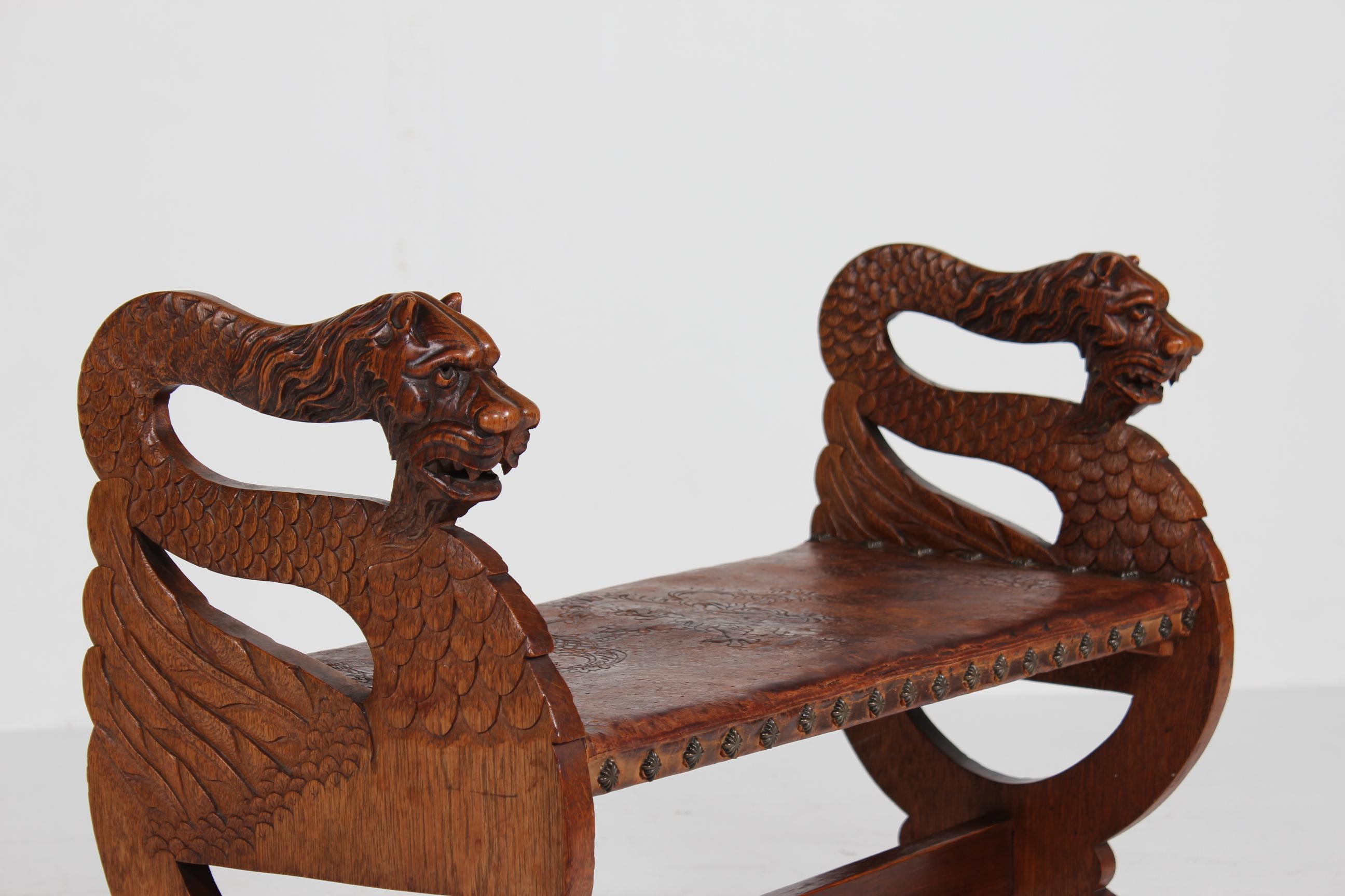 Arts and Crafts Antique Danish Hand Carved Piano Bench with Lion Heads and Original Leather Seat For Sale