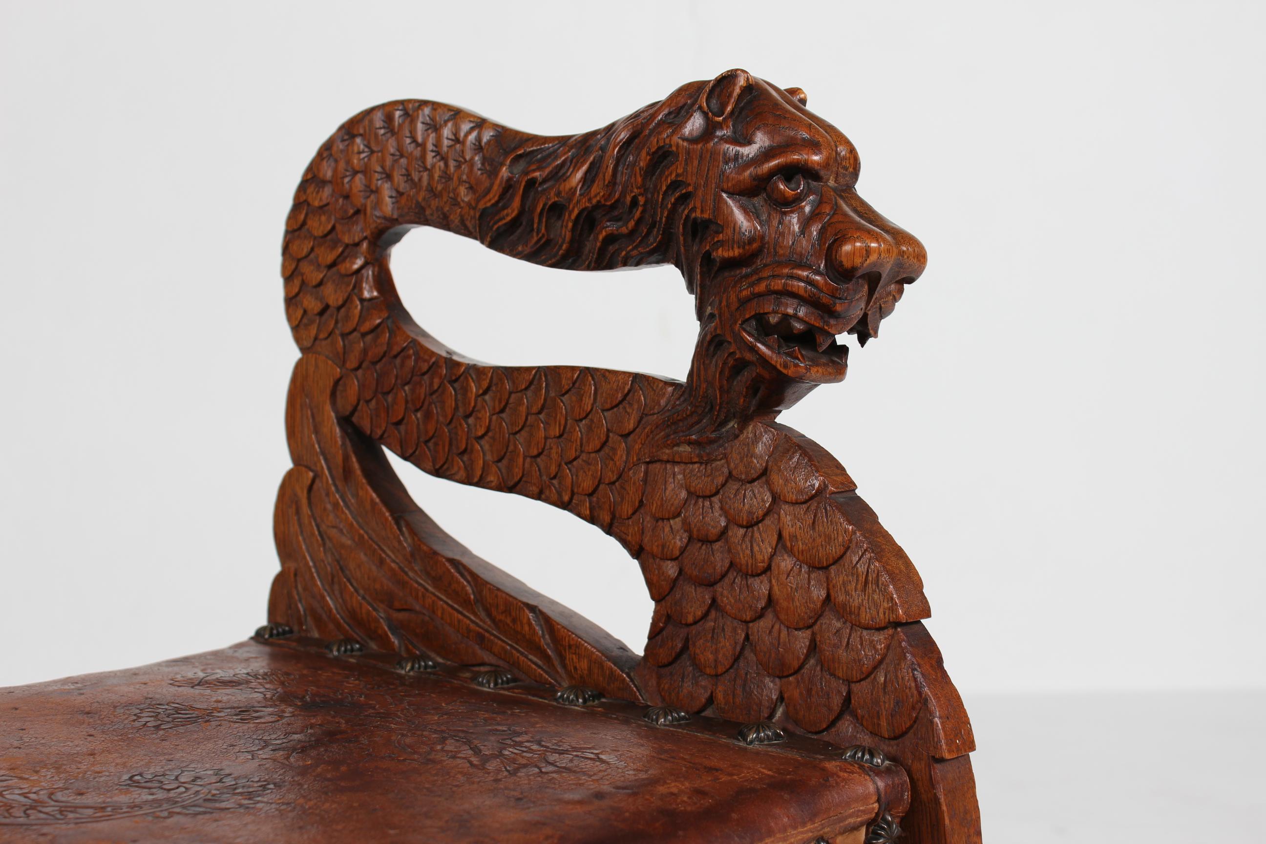 19th Century Antique Danish Hand Carved Piano Bench with Lion Heads and Original Leather Seat For Sale