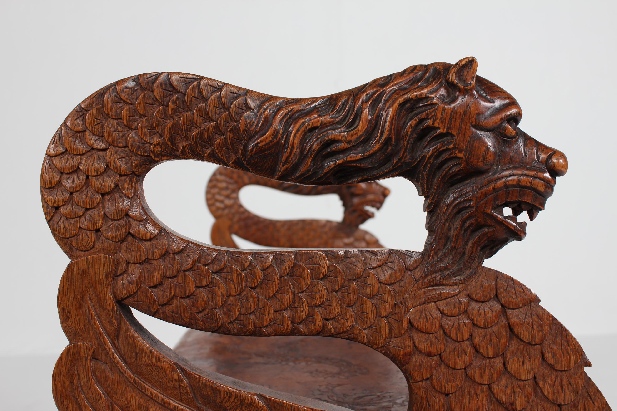 Antique Danish Hand Carved Piano Bench with Lion Heads and Original Leather Seat For Sale 2