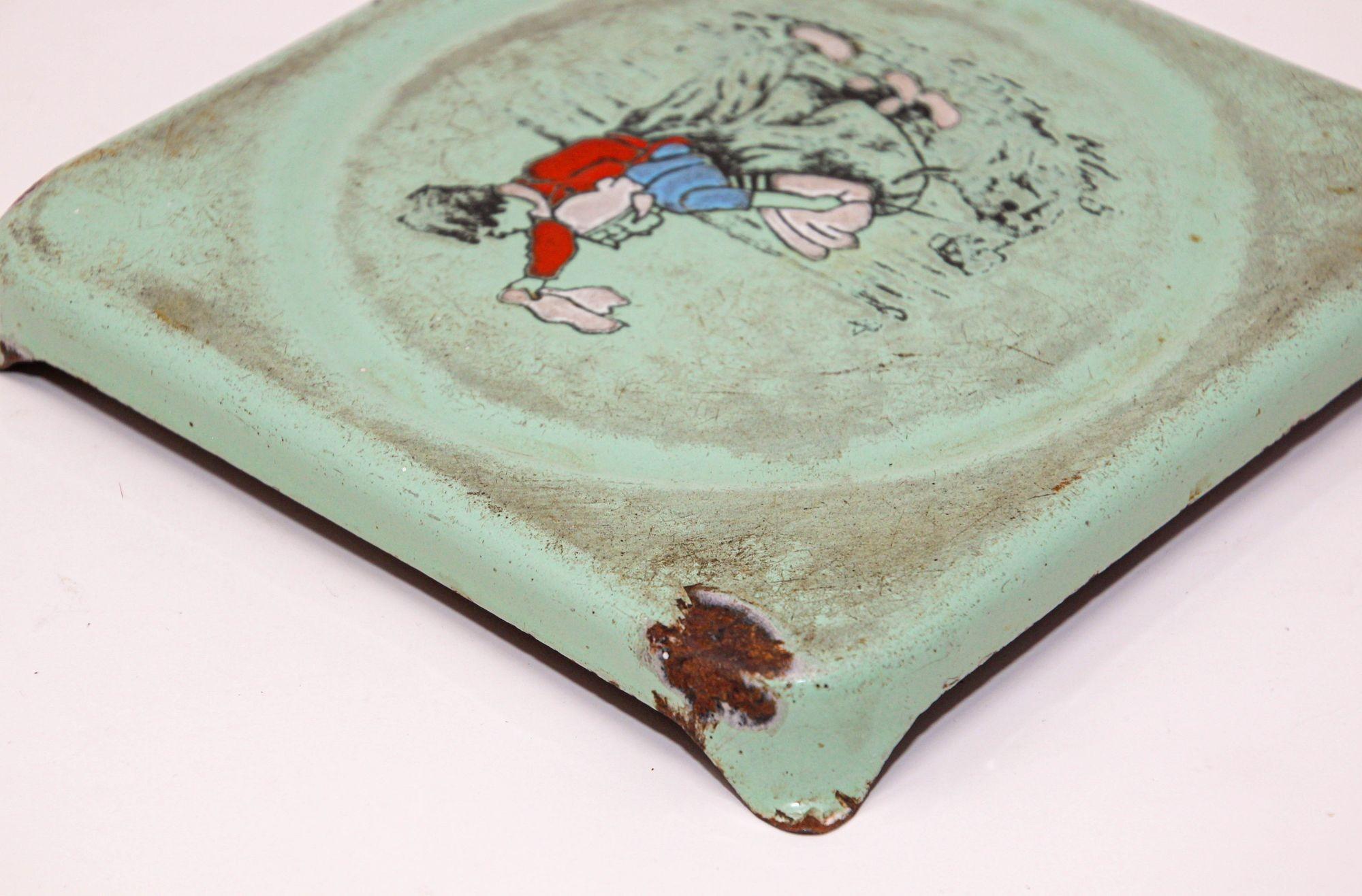 20th Century Antique Danish Hand Painted Dutch Theme Enamelware Metal Collectible Trivet 1920 For Sale