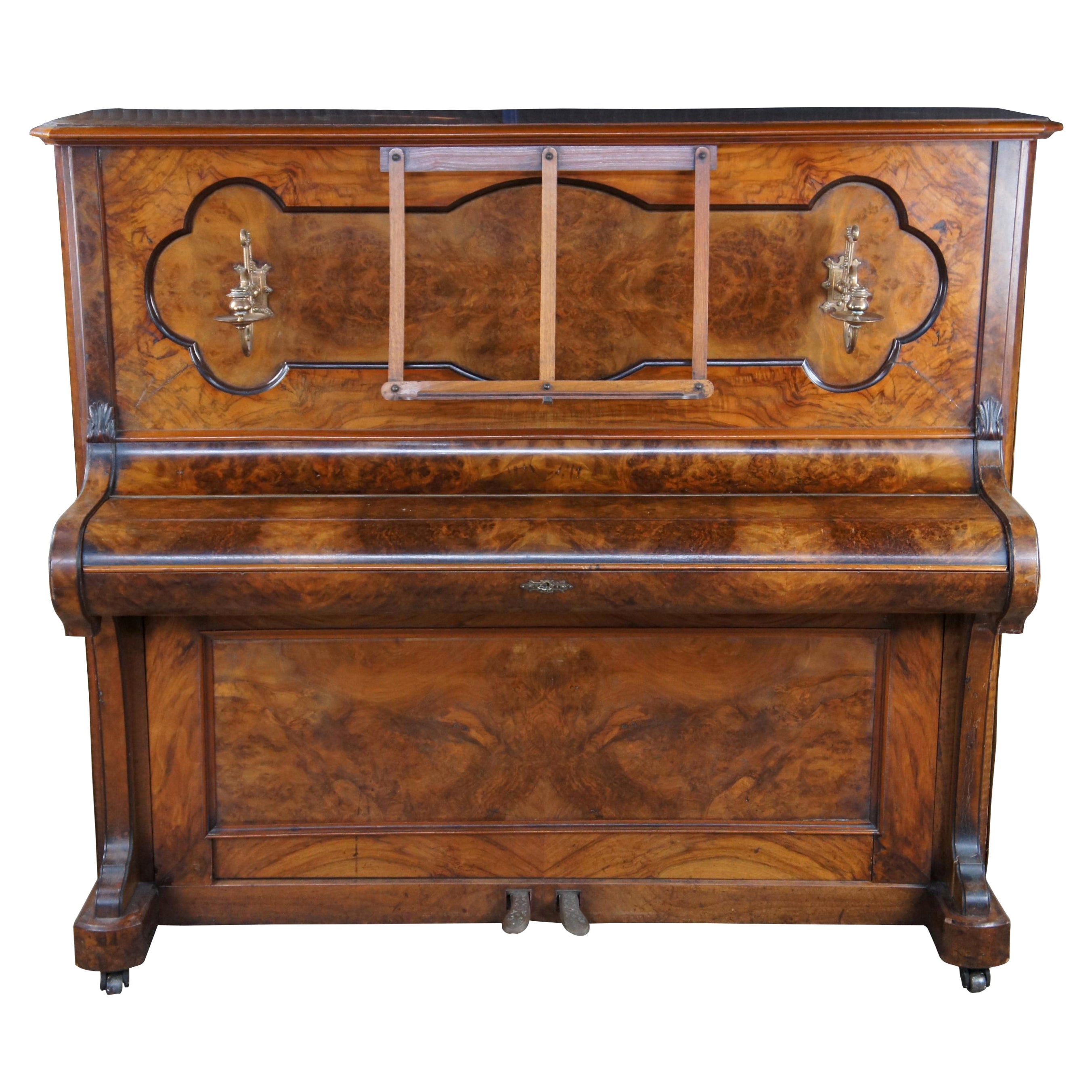 Antique Danish Herm N. Petersen Son Walnut Burl Victorian Upright Piano Denmark