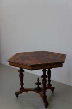Antique Danish Hexagonal Walnut Burl Center Table, 1880s.