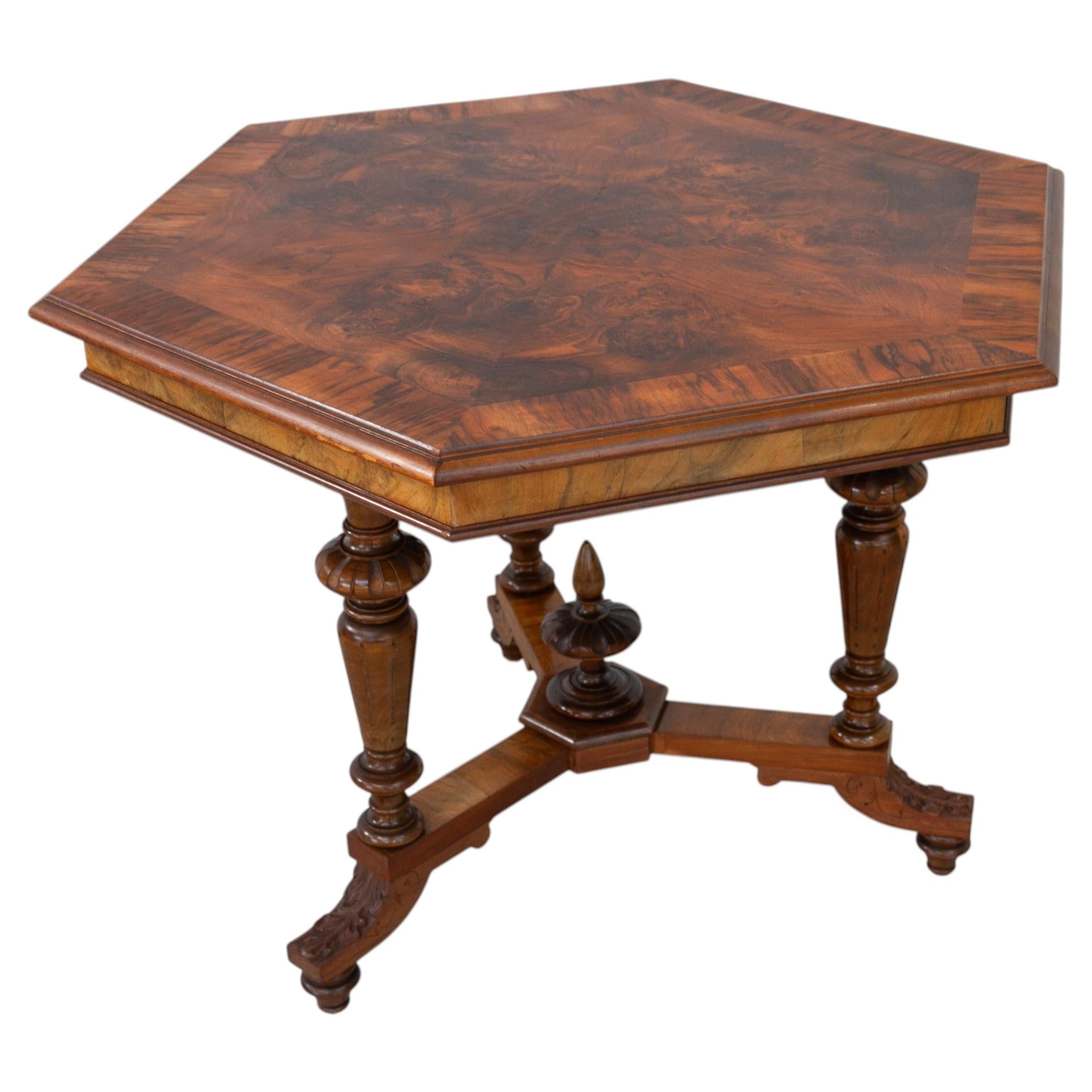 Antique Danish Hexagonal Walnut Burl Center Table, 1880s.