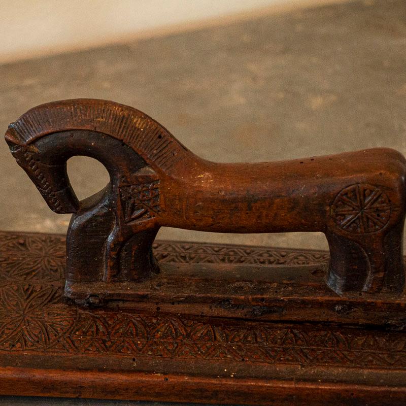 Antique Danish Highly Carved Mangle Board with Horse Handle Dated 1779 In Good Condition In Round Top, TX
