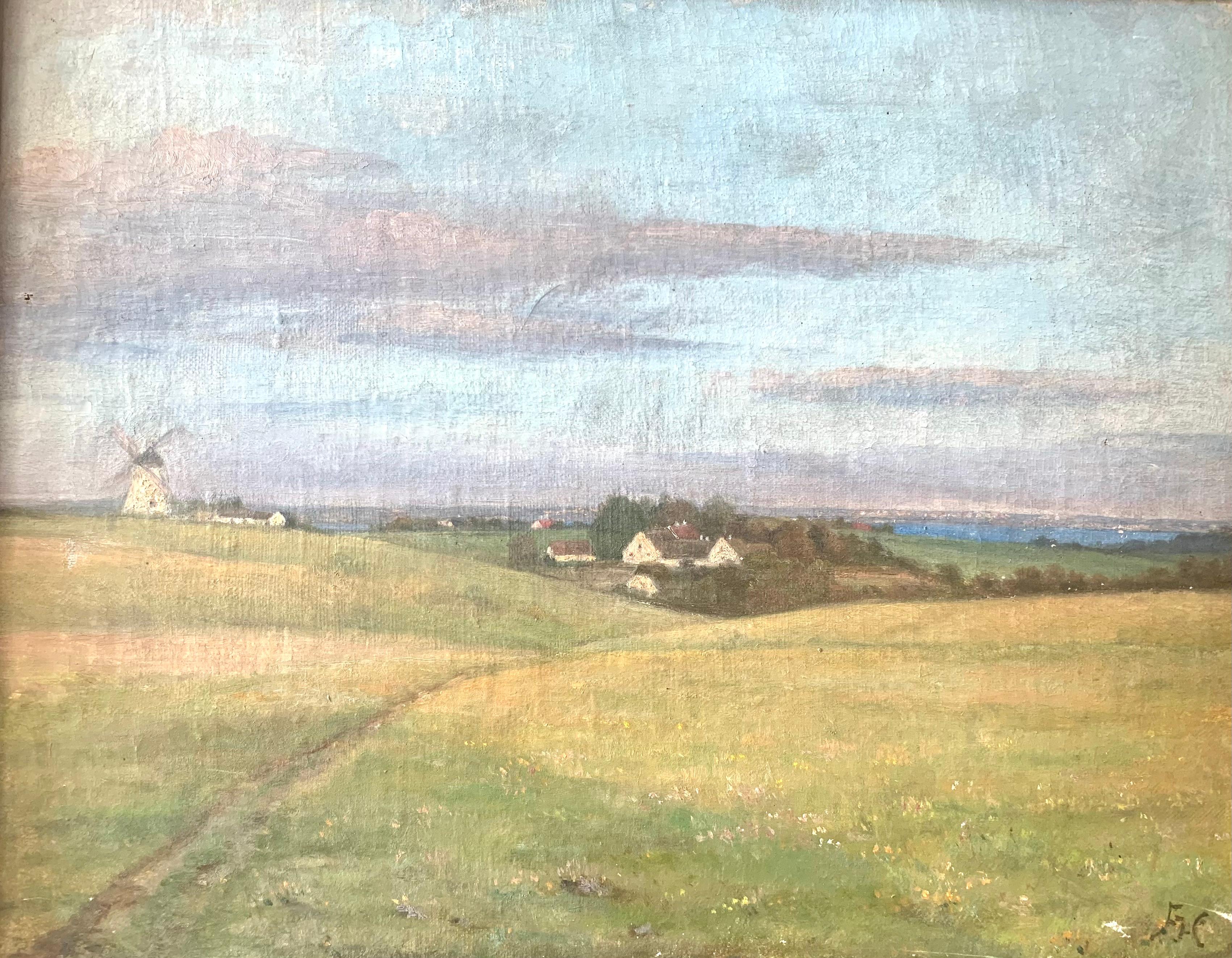 Il s'agit d'une peinture danoise ancienne à l'huile sur toile avec pour motif quelques maisons de ferme et un moulin à vent près de la côte, aperçus derrière des champs verdoyants. 

Au-dessus du paysage se trouve un ciel bleu avec des nuages dans