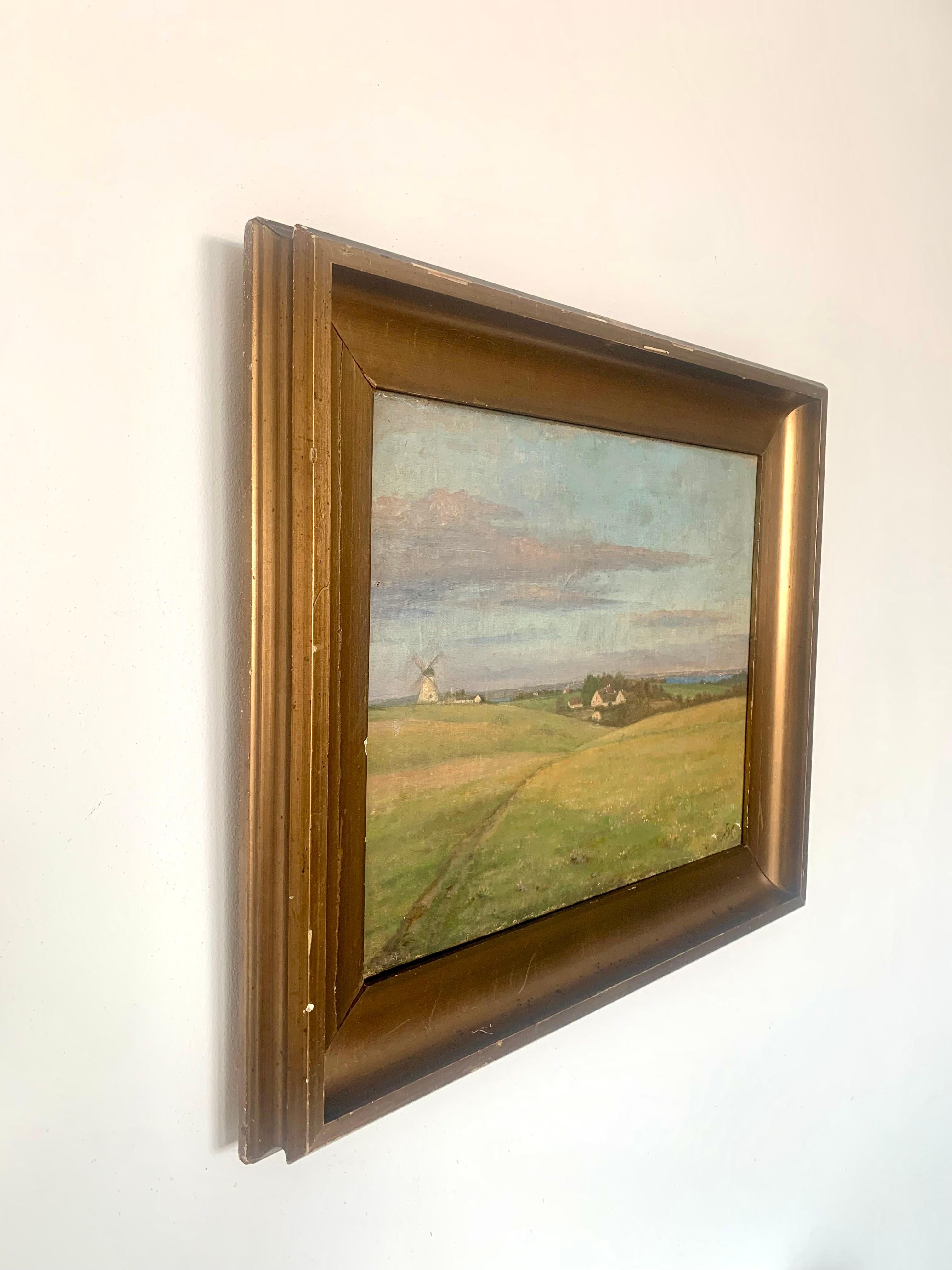Romantique Ancienne peinture à l'huile danoise de paysage avec moulin à vent près de la mer en été en vente