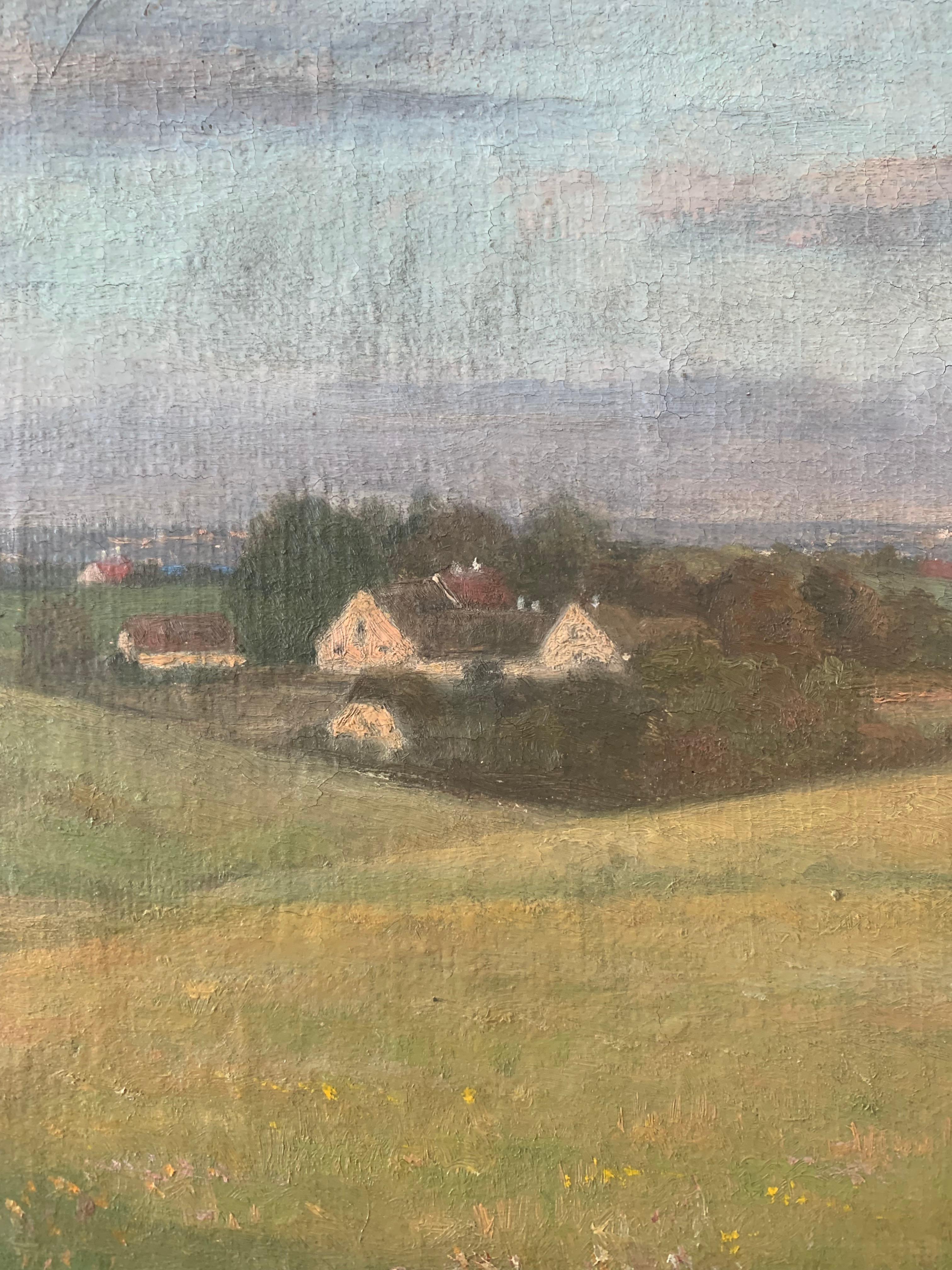 Danois Ancienne peinture à l'huile danoise de paysage avec moulin à vent près de la mer en été en vente