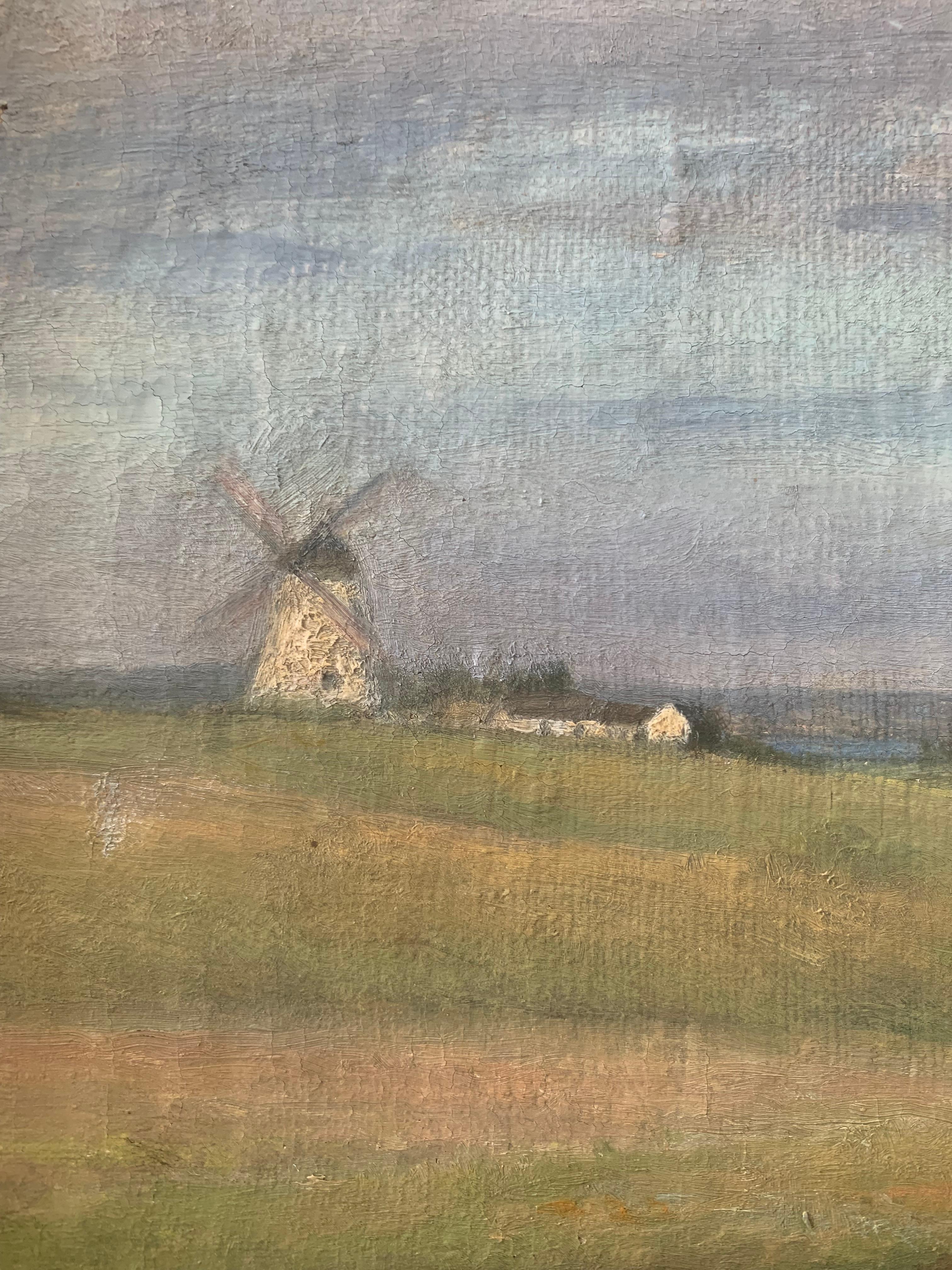 Peint Ancienne peinture à l'huile danoise de paysage avec moulin à vent près de la mer en été en vente