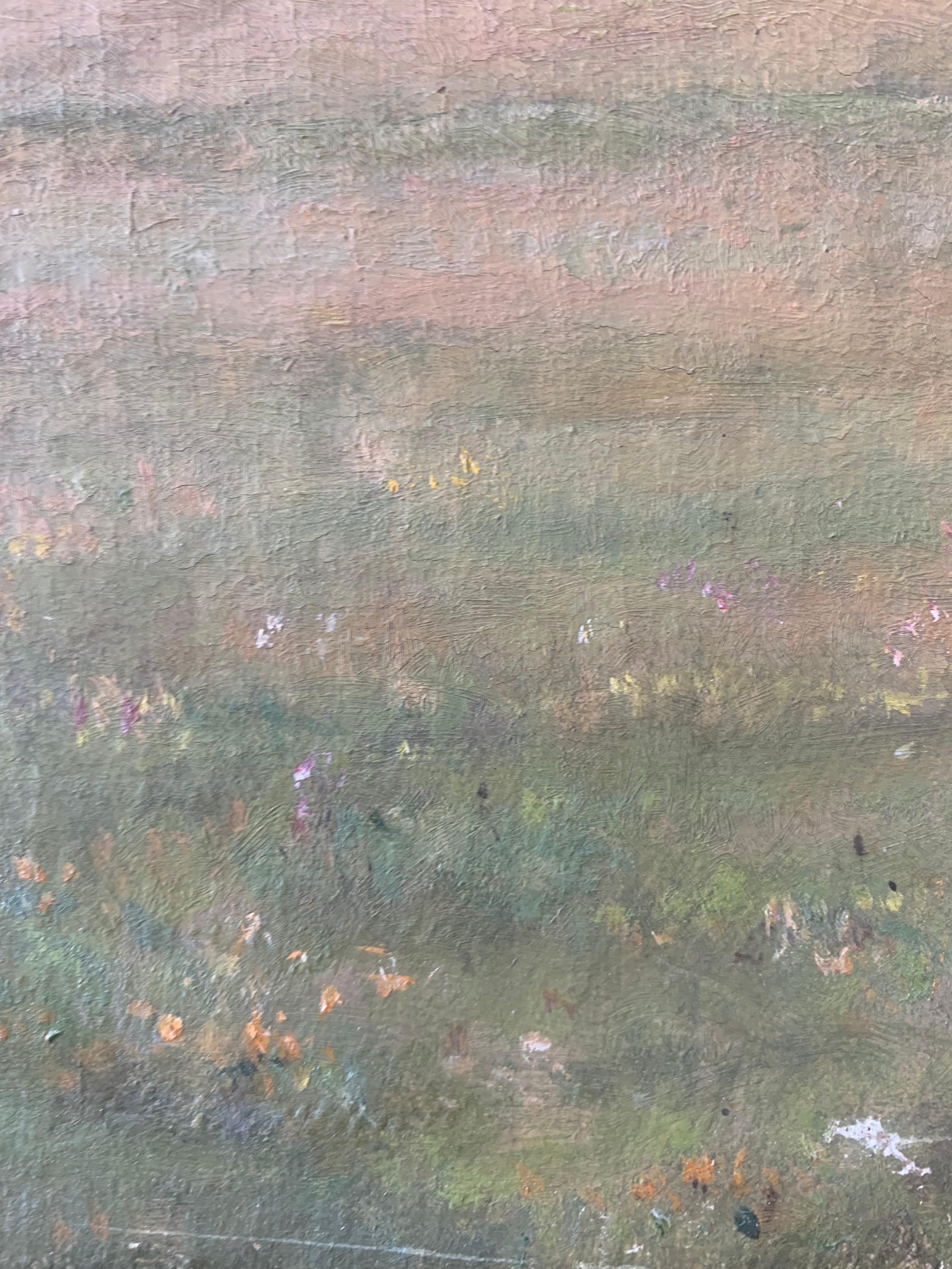 Peinture Ancienne peinture à l'huile danoise de paysage avec moulin à vent près de la mer en été en vente