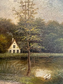 Antique Danish Landscape Painting, Manor House by a Lake, Oil on Board