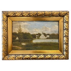 Peinture de paysage danoise ancienne, Manoir au bord d'un lac, huile sur panneau