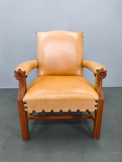 Antique Danish Leather Armchair Carved Wood Club Chair, Early 1900s