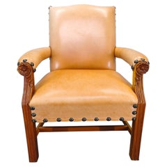 Antique Danish Leather Armchair Carved Wood Club Chair, Early 1900s