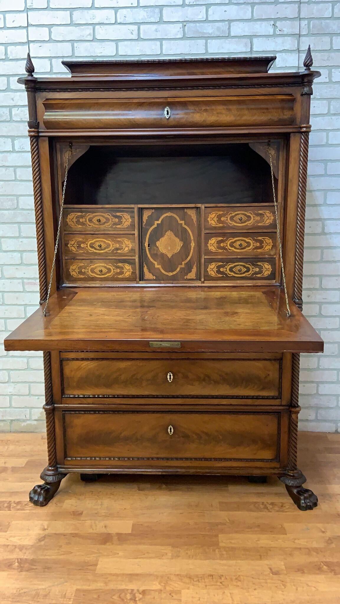 Metal Antique Danish Louis Philippe Empire Style Mahogany Secretary Desk For Sale