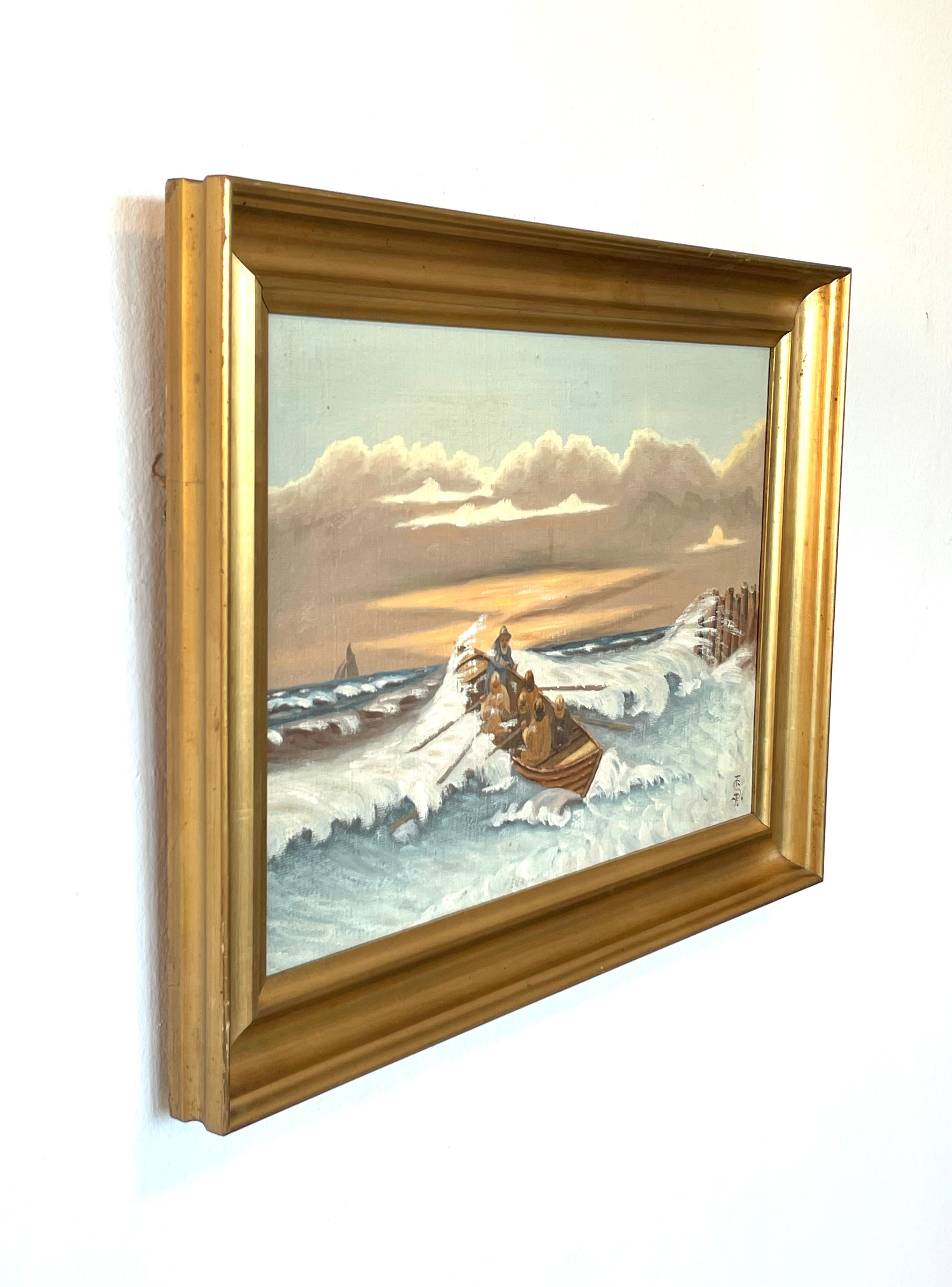Antique Danish mid 20th century maritime oil painting by Sergius Frost For Sale 5