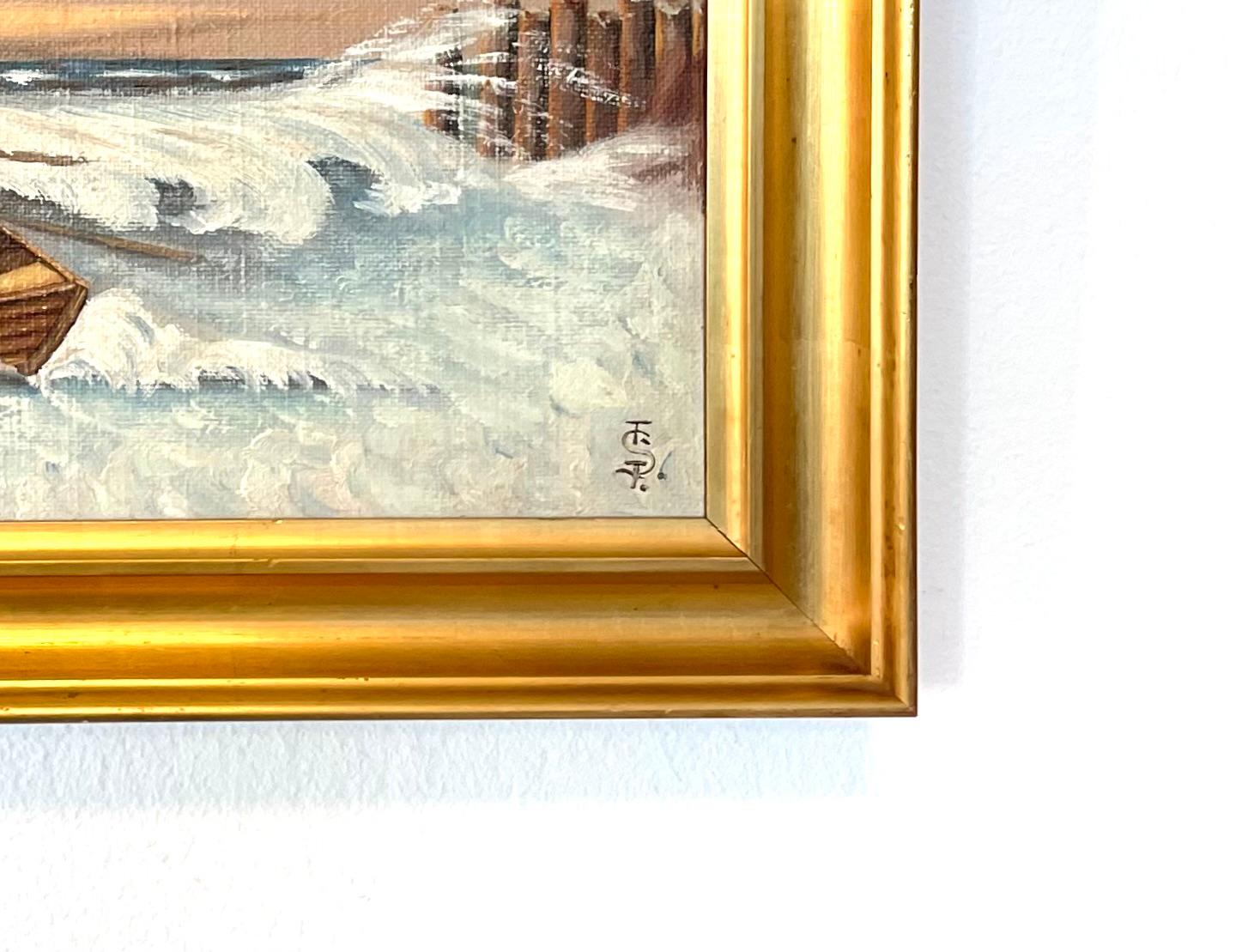 Danish original oil on canvas maritime painting estimated to be from the 1930s by artist Sergius Frost (1900-1994) with motive of fishermen leaving a sinking ship.

Sergius von Arenstorff Frost (1900-1994) was a Danish painter known for his marine