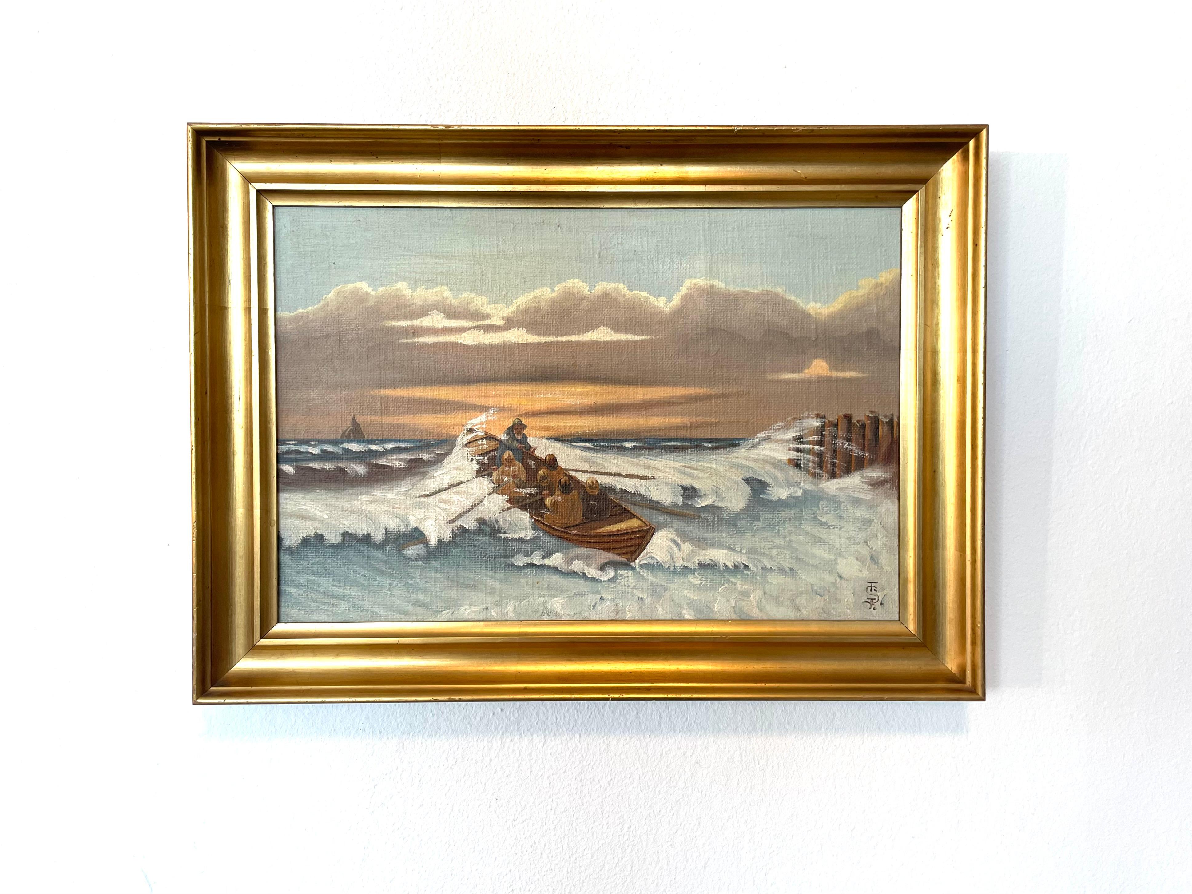 Mid-Century Modern Antique Danish mid 20th century maritime oil painting by Sergius Frost For Sale