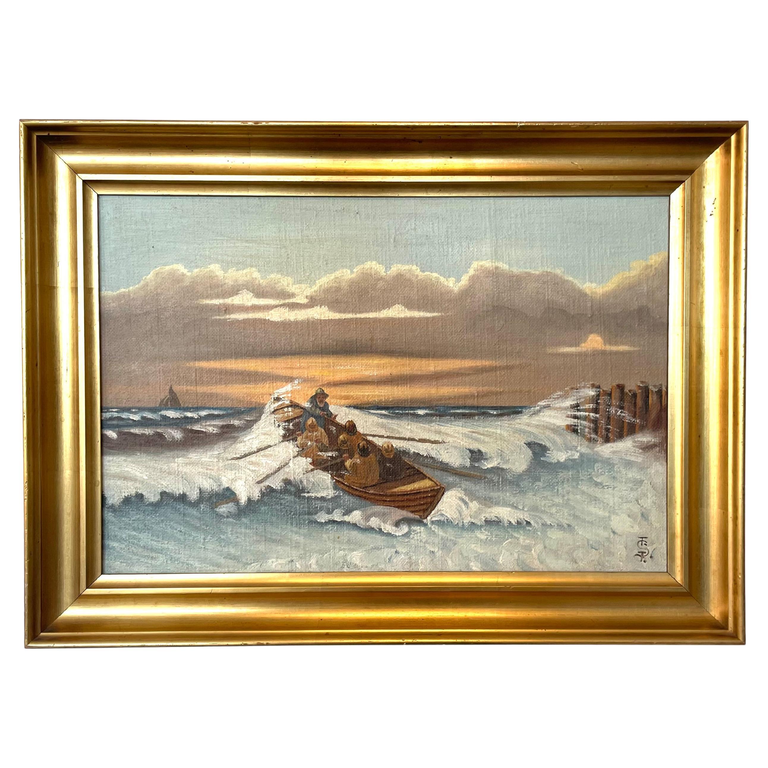 Antique Danish mid 20th century maritime oil painting by Sergius Frost