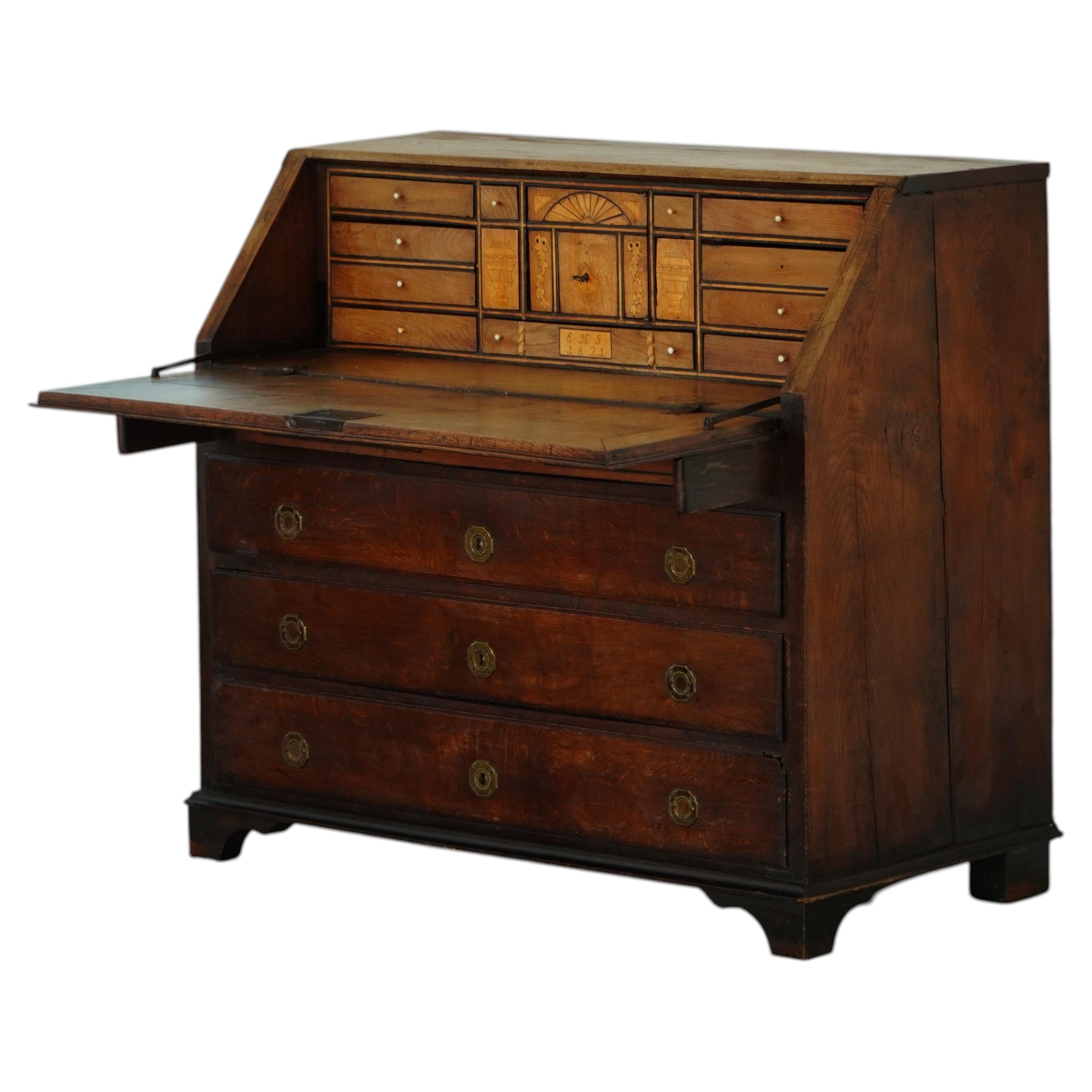 Antique Danish Oak Secretary Desk with Marquetry Interior, Early 19th Century