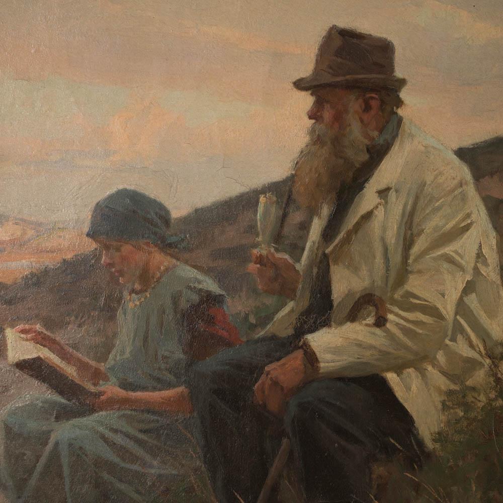 In this wonderful landscape of hills, sand and scrub, a young girl reads to an older gentleman smoking his pipe in the shadow of the dunes. The painting is mounted in a giltwood frame and signed and dated in the lower left, 