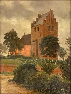 Antique Danish oil on canvas painting of majestic church, early 20th century