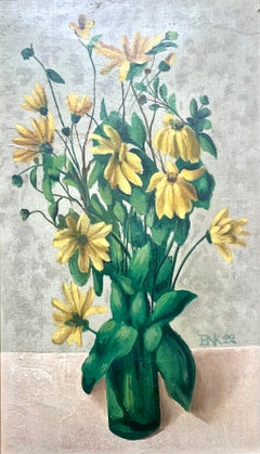 Antique Danish oil on plate still life floral painting of vibrant yellow flowers