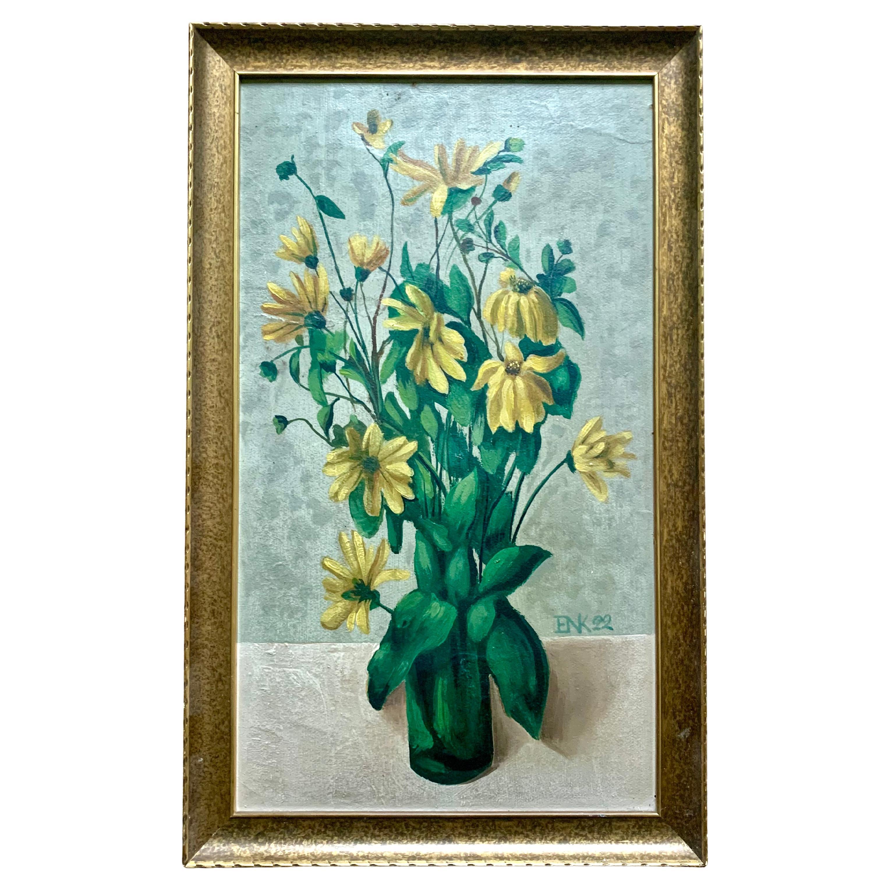 Antique Danish oil on plate still life floral painting of vibrant yellow flowers For Sale