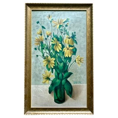 Antique Danish oil on plate still life floral painting of vibrant yellow flowers Antique Danish oil on plate still life floral painting of vibrant yellow flowers