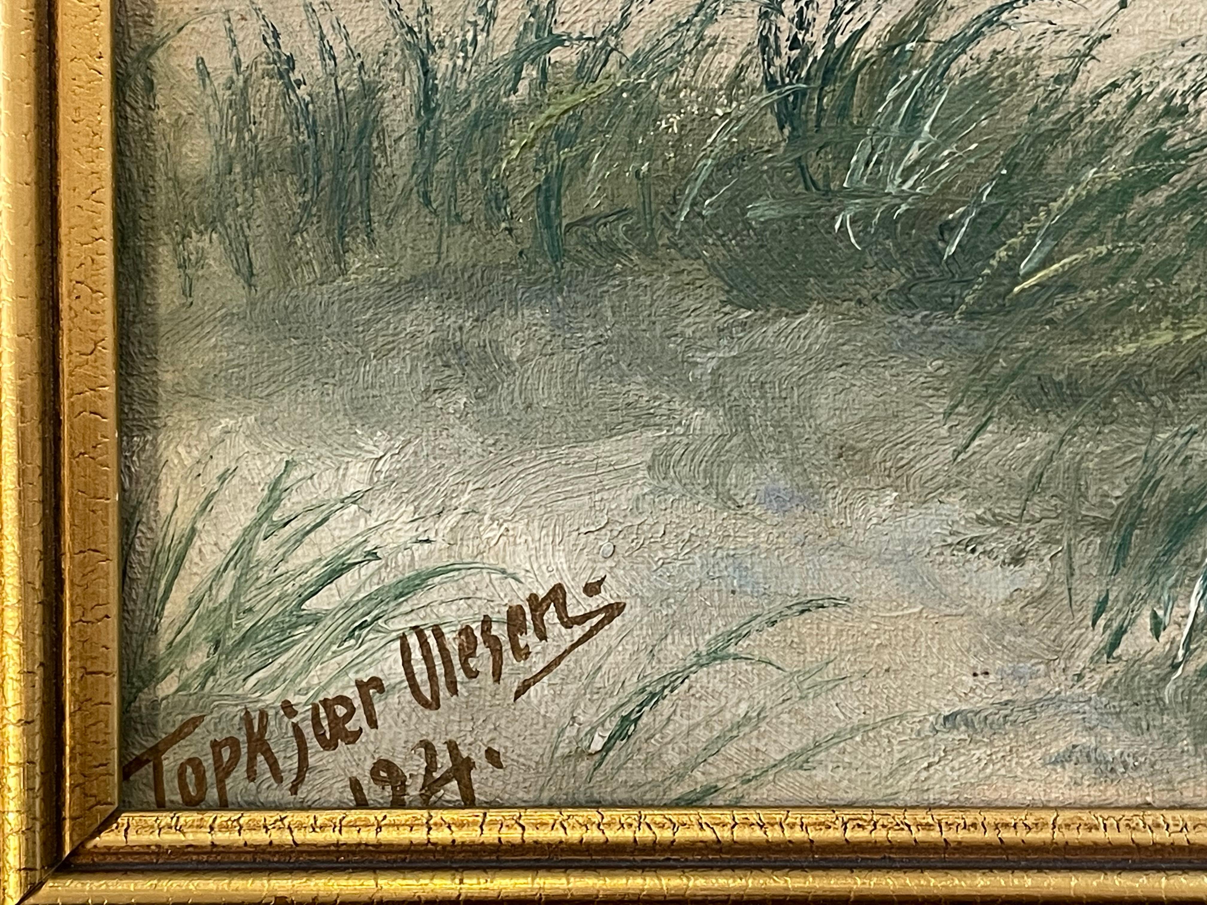 Ancienne peinture à l'huile danoise originale des années 1920 représentant un paysage côtier dans des tons froids en vente 2