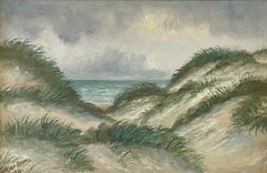 Antique Danish original 1920s coastal landscape oil painting in cool shades