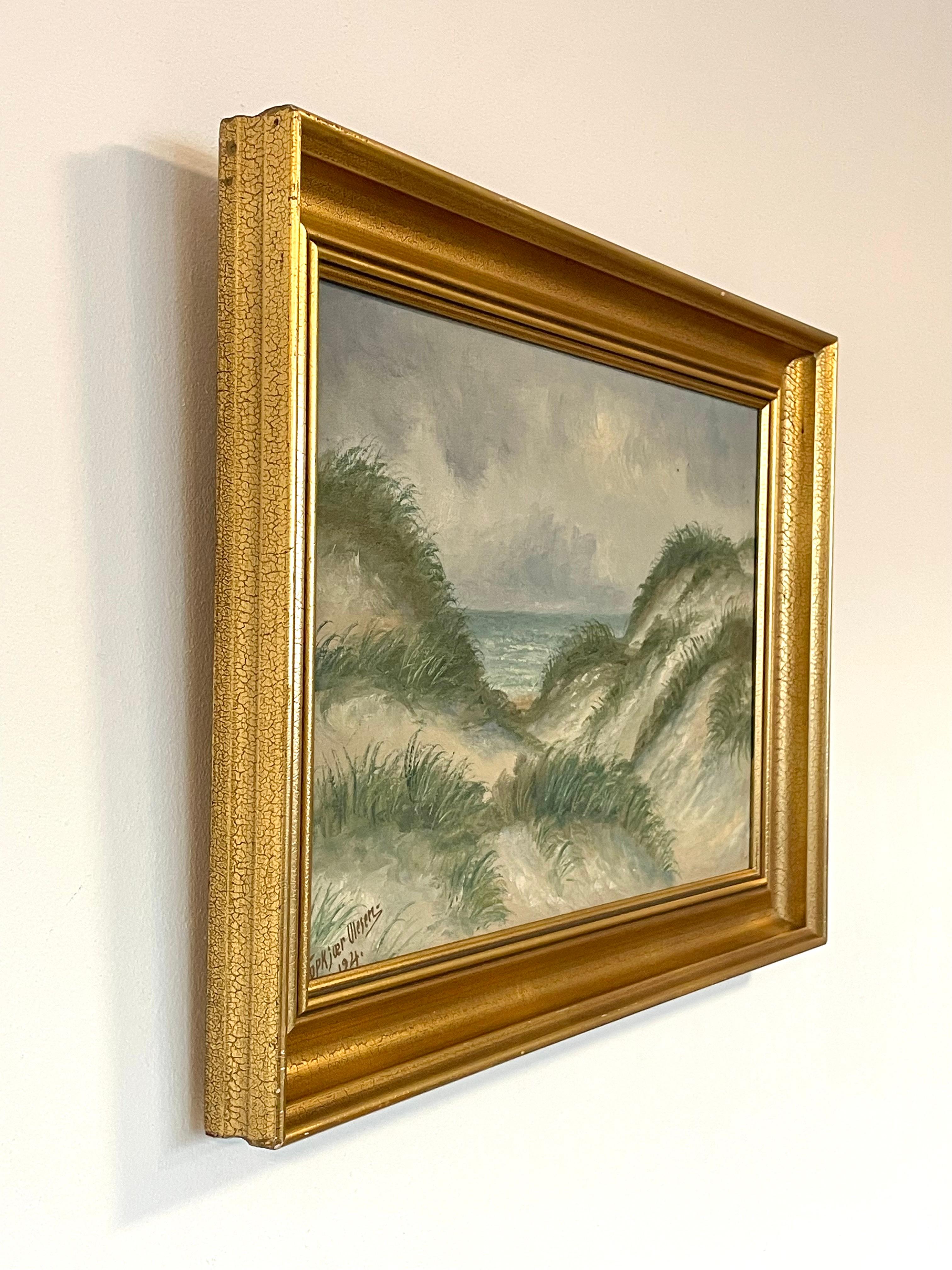 Romantique Ancienne peinture à l'huile danoise originale des années 1920 représentant un paysage côtier dans des tons froids en vente