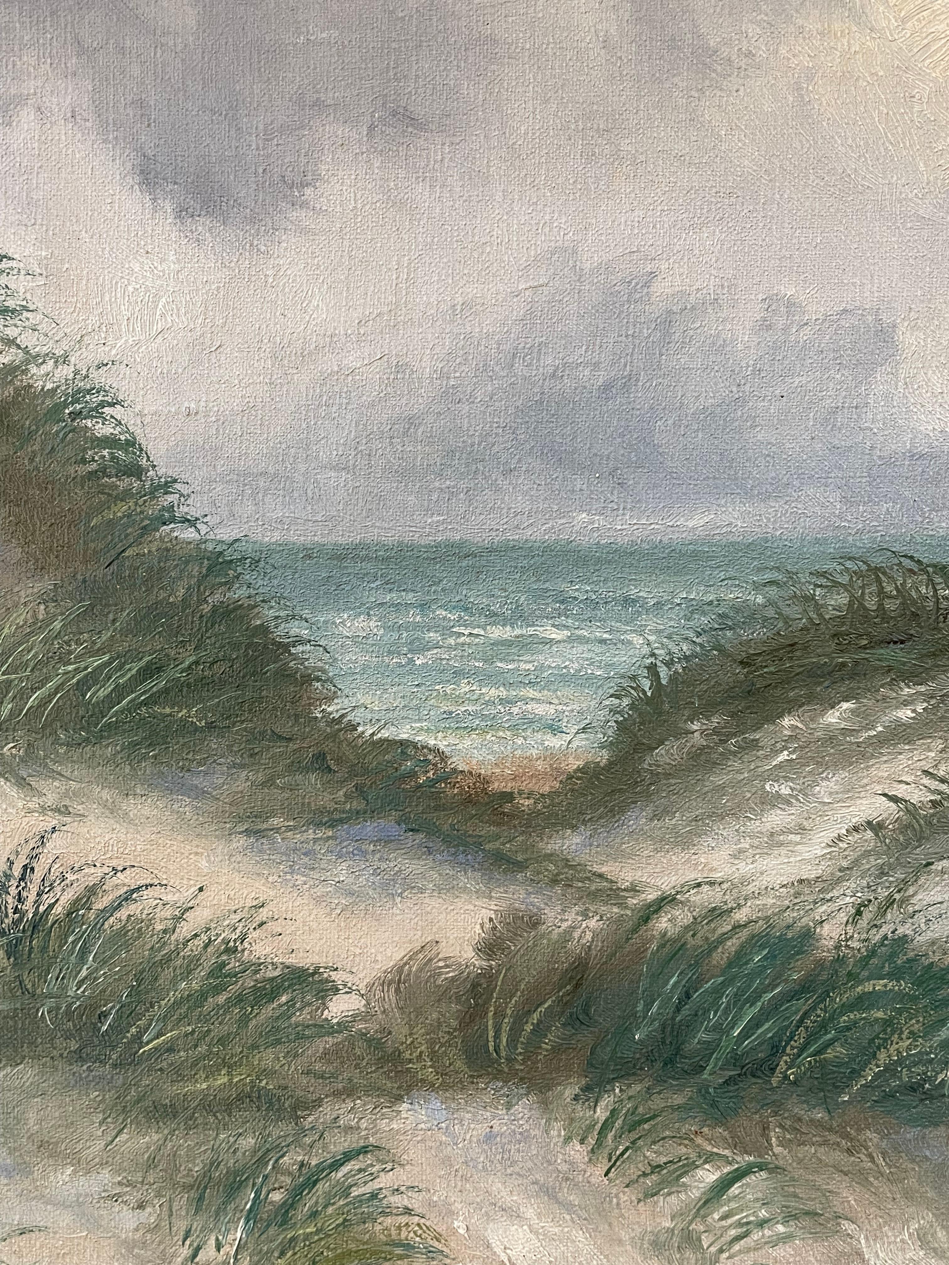 Danois Ancienne peinture à l'huile danoise originale des années 1920 représentant un paysage côtier dans des tons froids en vente