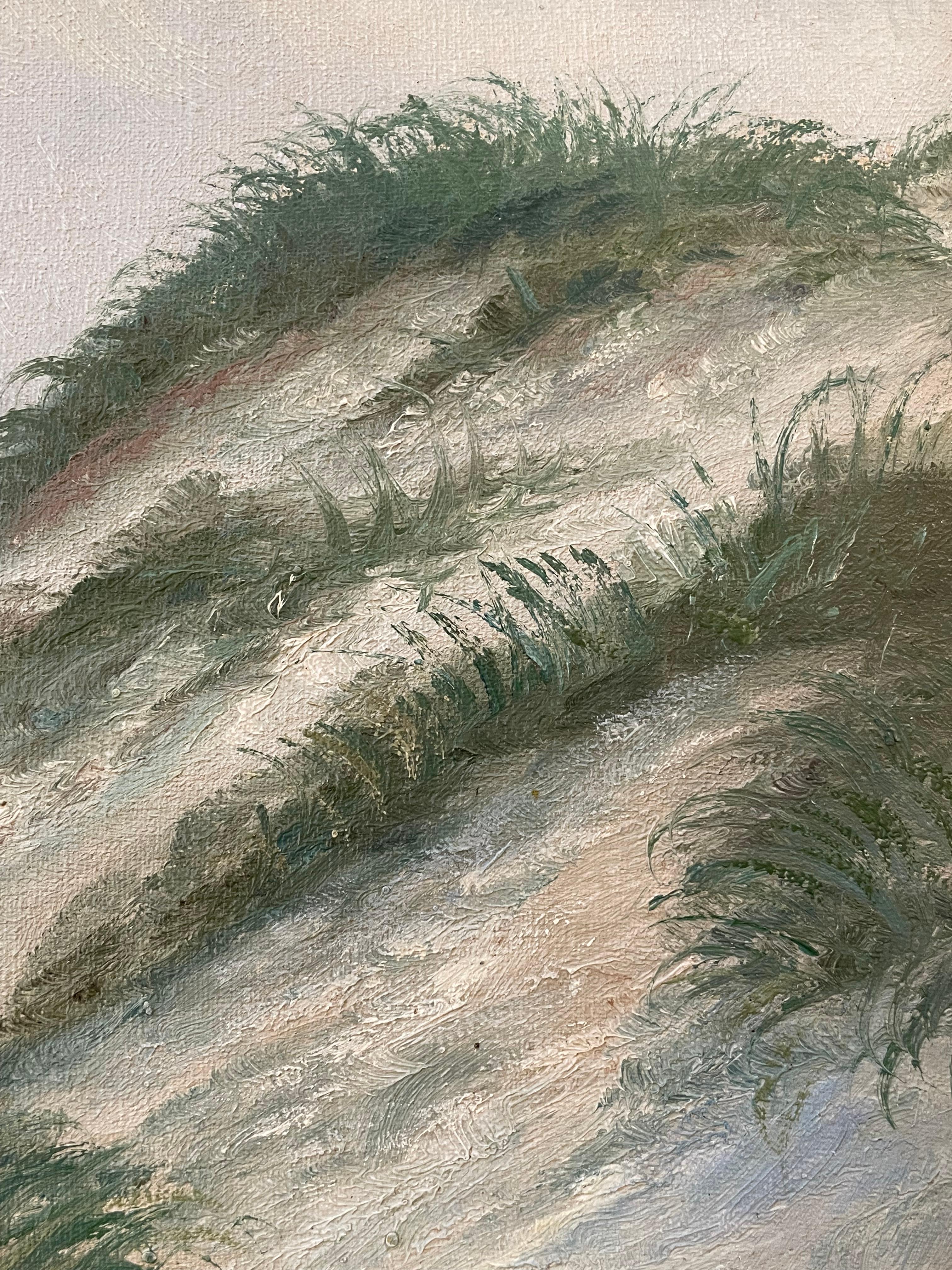 Peint à la main Ancienne peinture à l'huile danoise originale des années 1920 représentant un paysage côtier dans des tons froids en vente