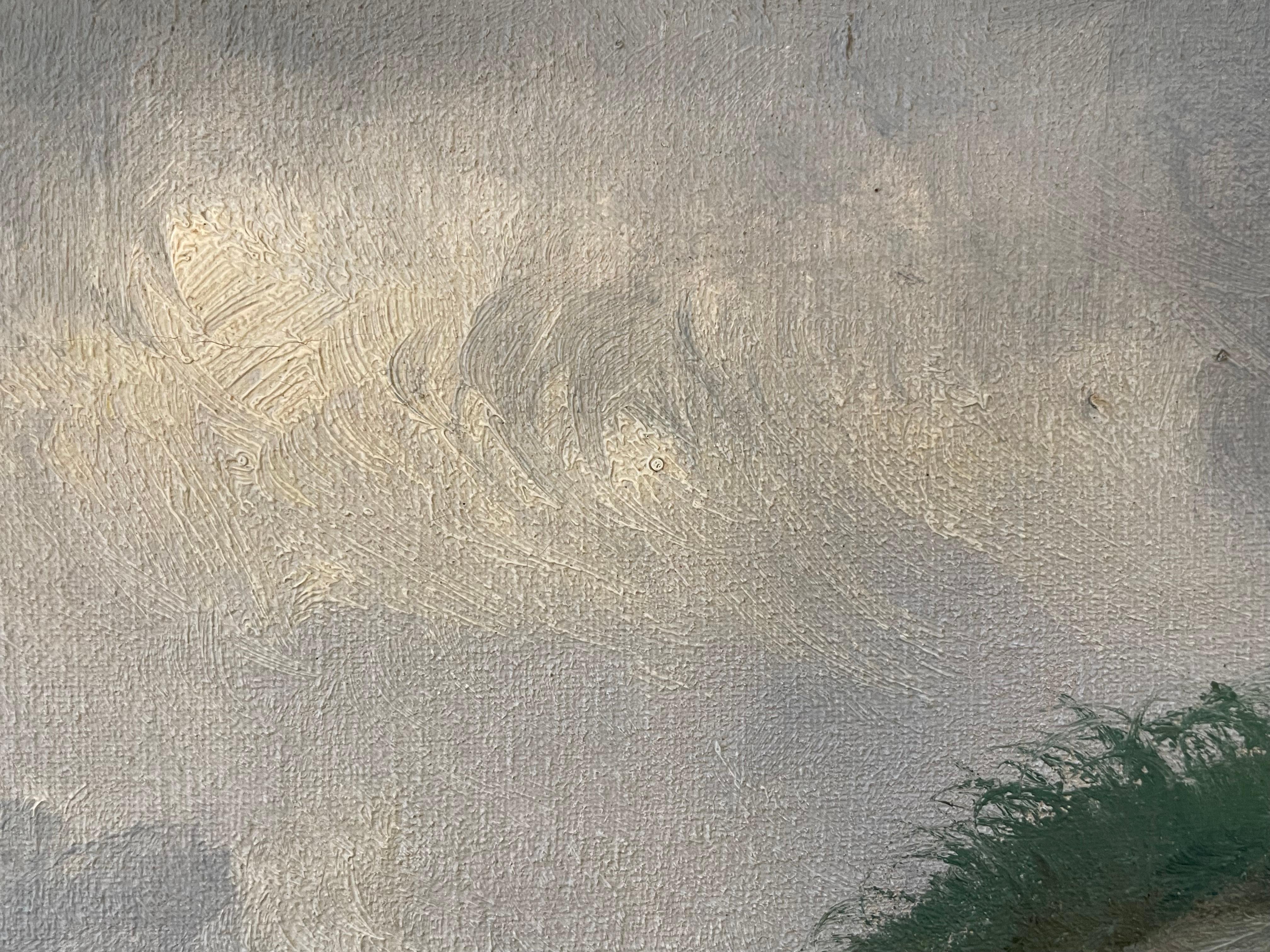 Ancienne peinture à l'huile danoise originale des années 1920 représentant un paysage côtier dans des tons froids Bon état - En vente à Ebberup, DK