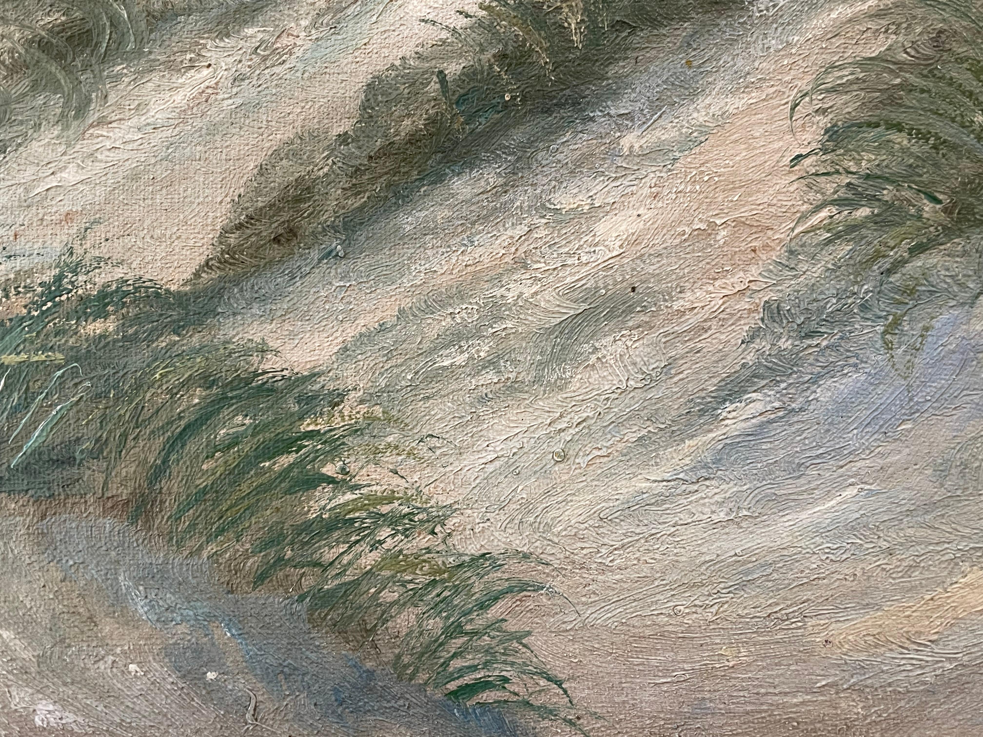 20ième siècle Ancienne peinture à l'huile danoise originale des années 1920 représentant un paysage côtier dans des tons froids en vente