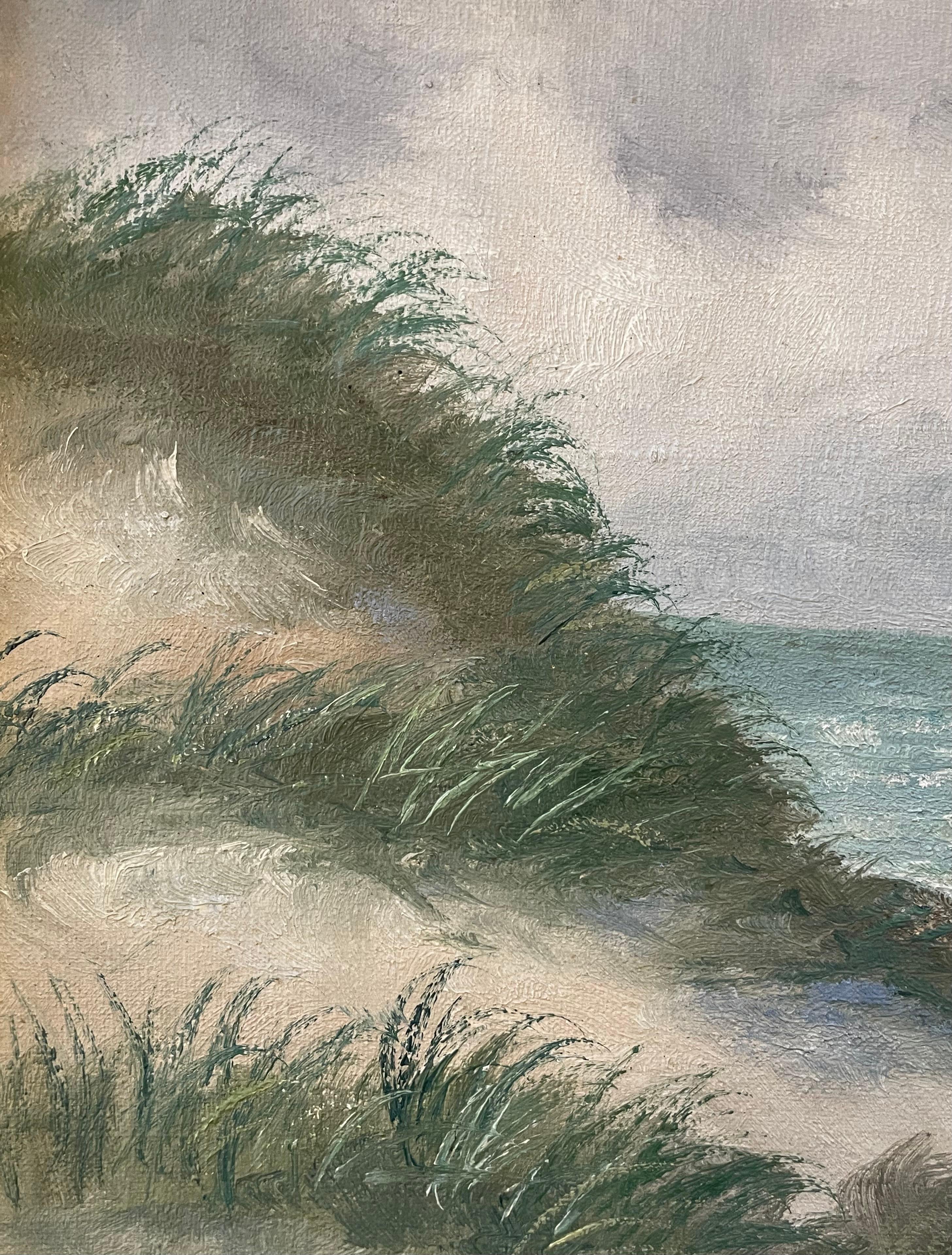 Peinture Ancienne peinture à l'huile danoise originale des années 1920 représentant un paysage côtier dans des tons froids en vente