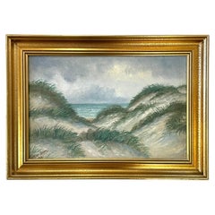Antique Danish original 1920s coastal landscape oil painting in cool shades