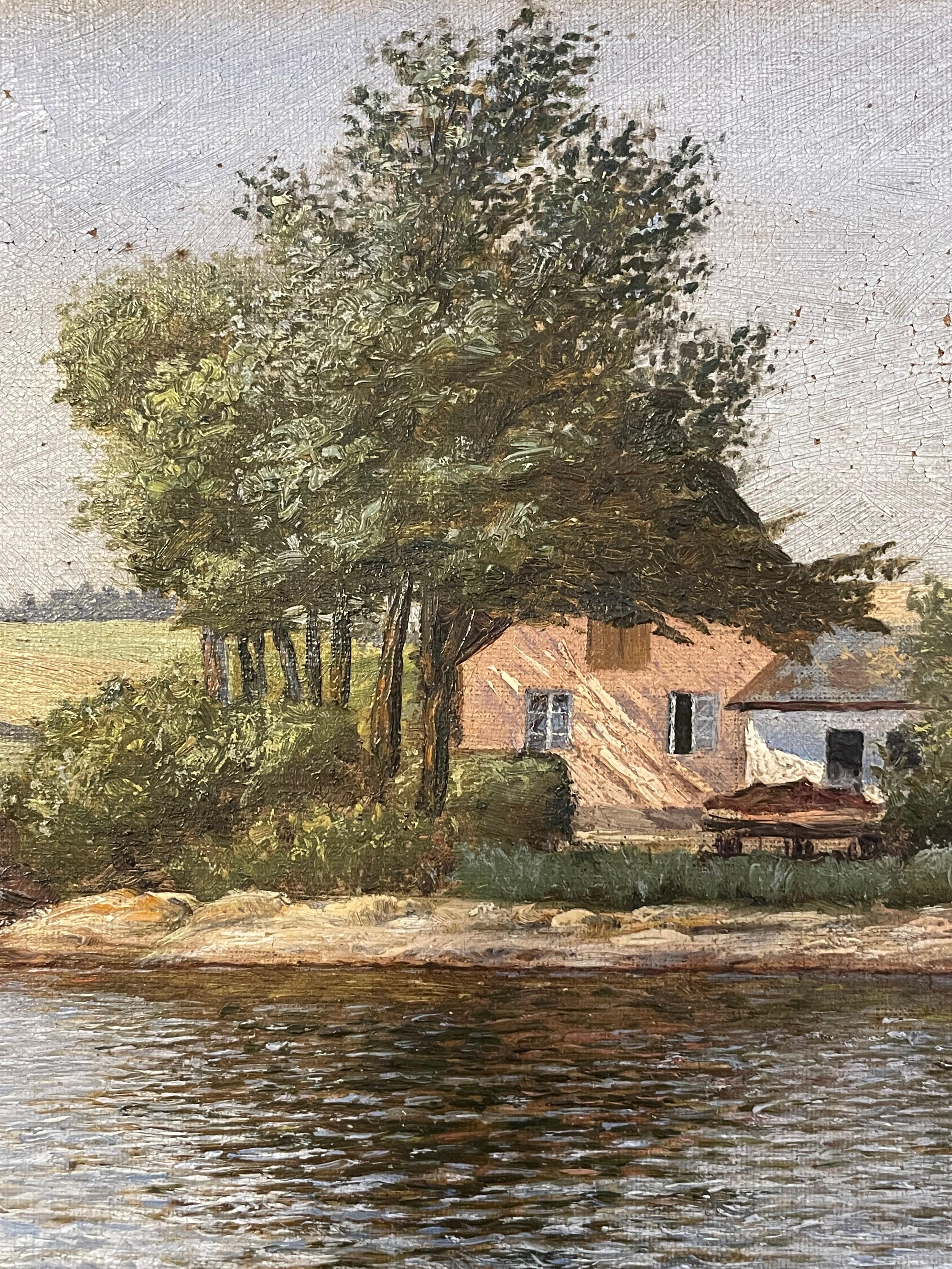 Antiguo óleo danés de 1904 sobre un paisaje pastoral de una granja junto a un lago en venta 2